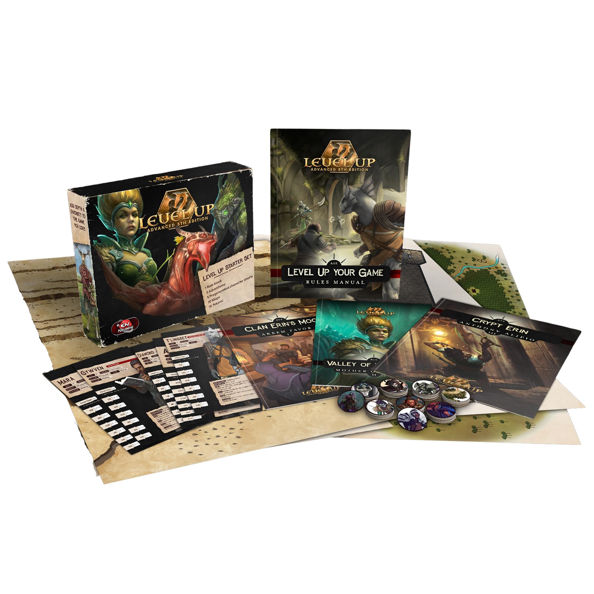 Modiphius Entertainment: Level Up (Advanced 5th Edition): Starter Box - Tabletop Role Playing Game, All-in-One Kit Includes RPG Book, M aps & Tokens