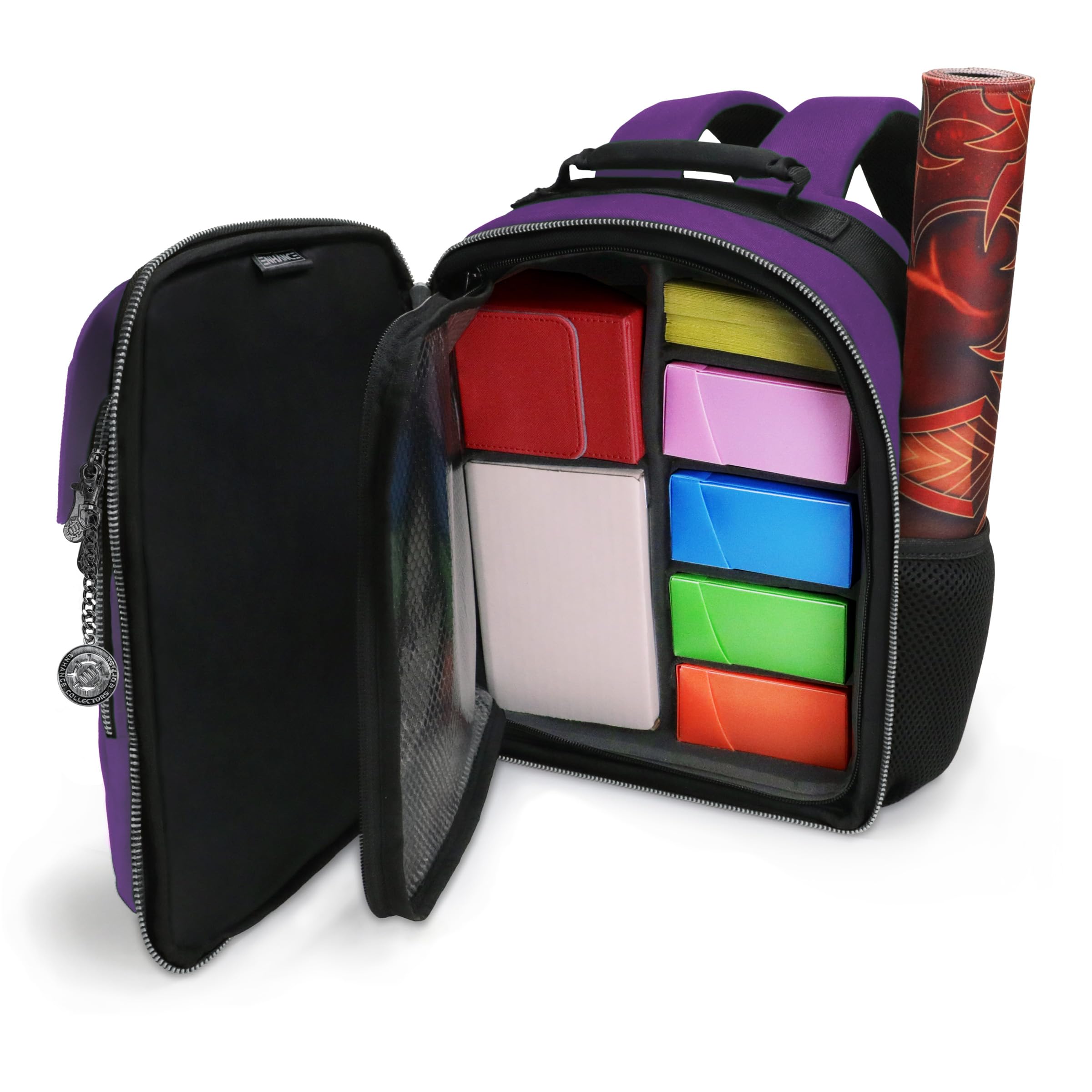 ENHANCE Collector's Edition Small Card Backpack - Card Defender Screen, Storage for Dice Bag, Deck Boxes - TCG Backpack with Playmat Holder, Compatible with Magic the Gathering & more (Dragon Purple)