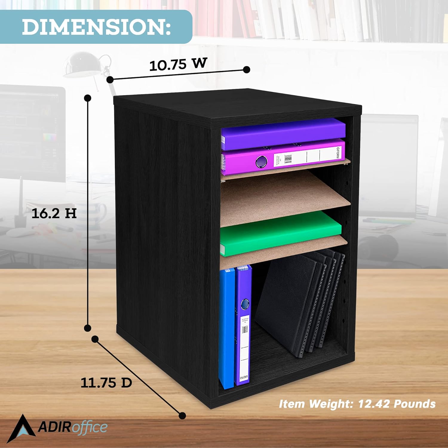 11-Compartment Wood Adjustable Vertical Paper Sorter Literature File Organizer, Black