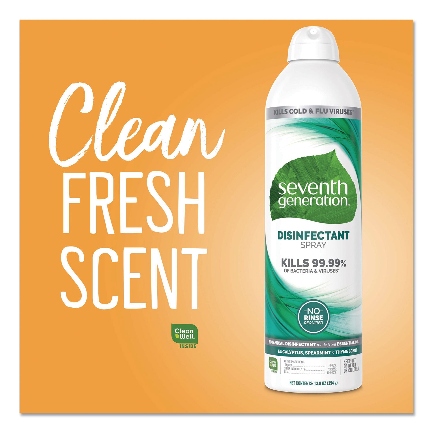 Seventh Generation Disinfectant Cleaner, Eucalyptus Spearmint & Thyme Scent, Non-flammable, Anti-bacterial, Clear, 13.9 fl oz Spray, 1 Each