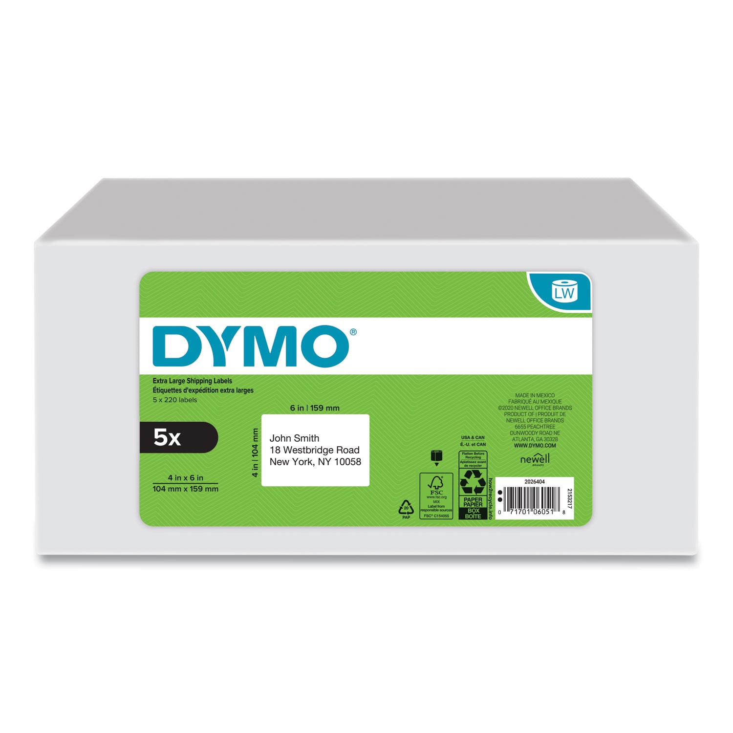 Dymo LabelWriter 4XL Label Printer Label Roll, 6" x 4", Rectangle, Direct Thermal, White Plastic, Water Resistant, 220 Labels per Roll, 1 Pack