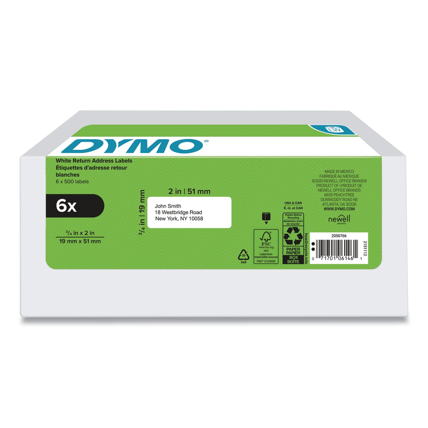 Dymo LabelWriter Labels - 3/4" Height x 2" Width - Rectangle - White - 500 / Roll - 1 Pack
