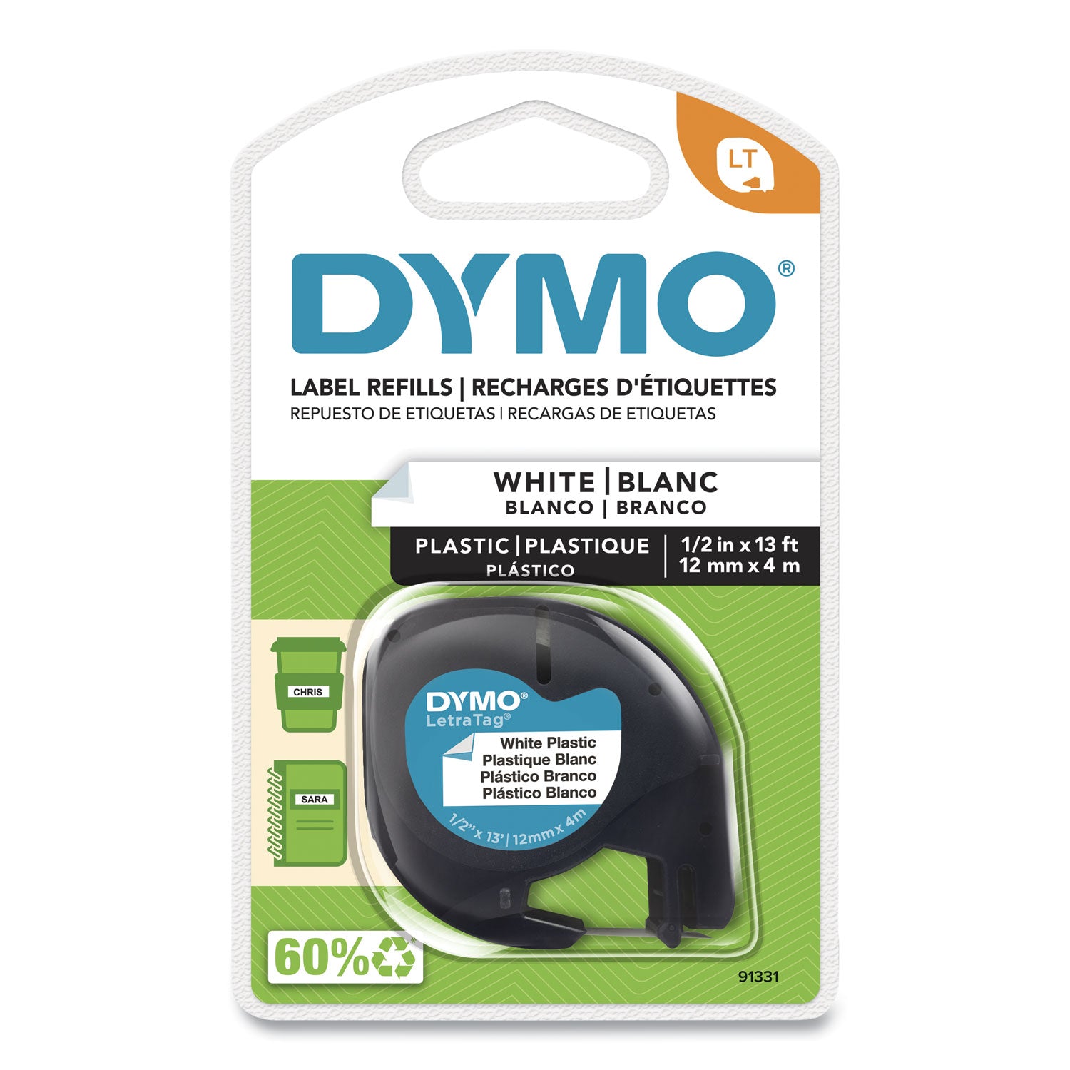 Dymo LetraTag Label Maker Tape Cartridge - 1/2" Width - Direct Thermal - White - Polyester - 1 Each