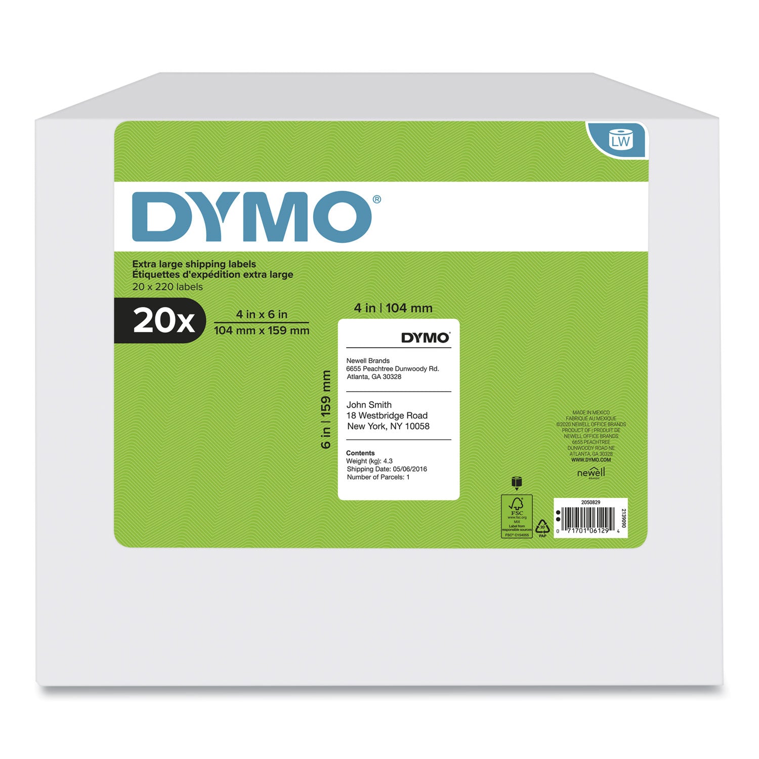 LW Extra-Large Shipping Labels, 4" x 6", White, 220 Labels/Roll, 20 Rolls/Box