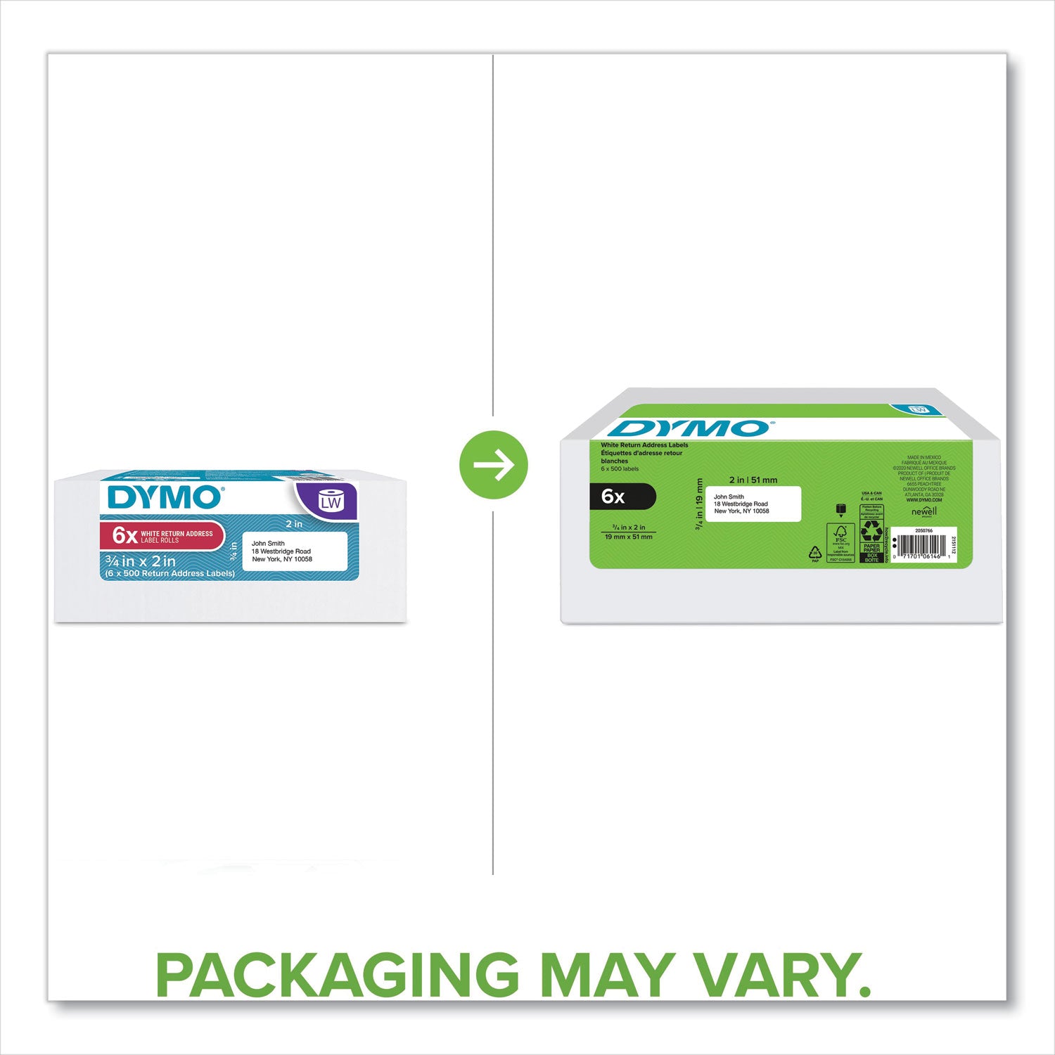 Dymo LabelWriter Labels - 3/4" Height x 2" Width - Rectangle - White - 500 / Roll - 1 Pack