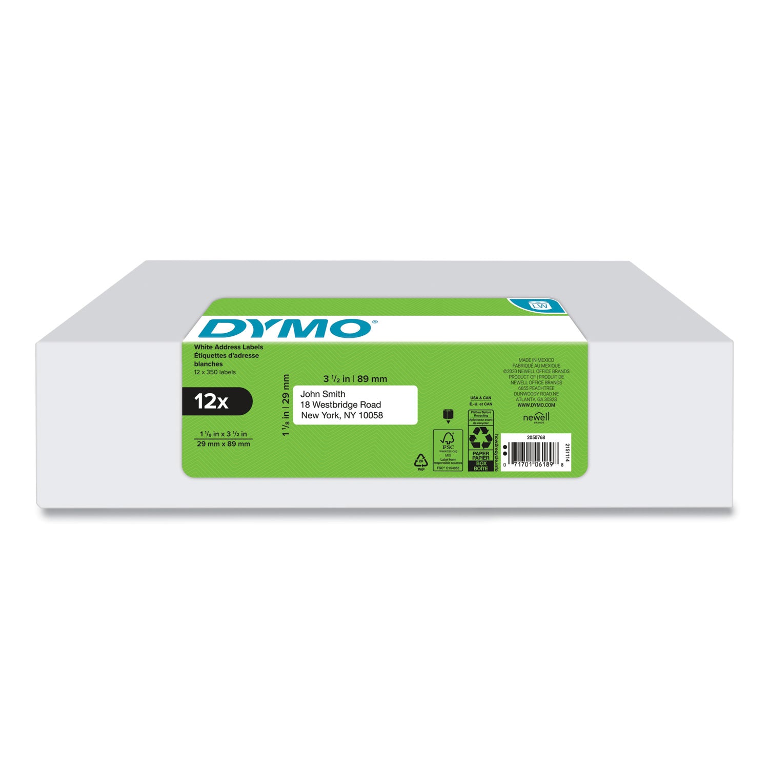 Dymo LabelWriter Labels - 1 1/8" Height x 3 1/2" Width - Rectangle - White - 350 / Roll - 12 / Pack