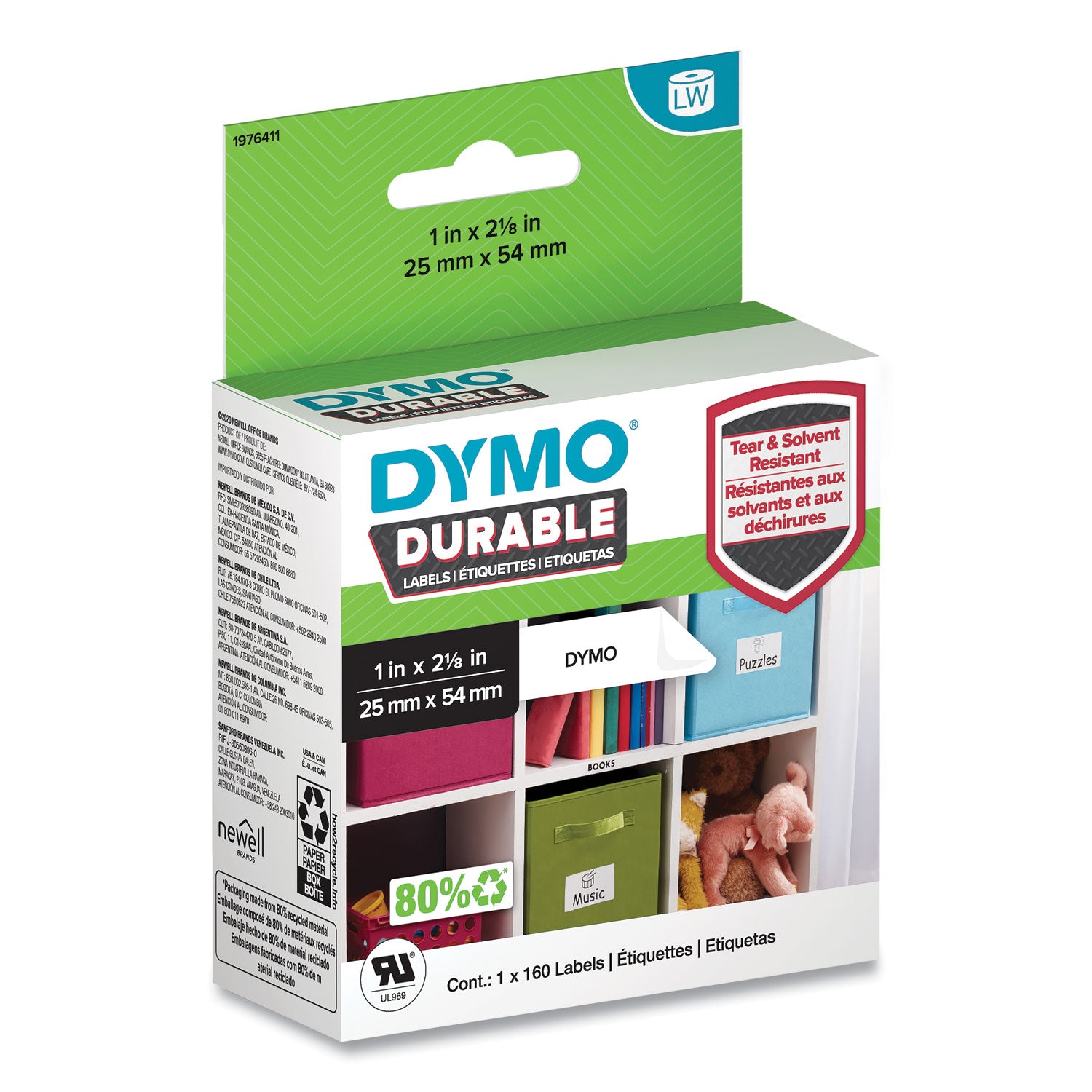 Dymo LabelWriter Labels, 1" x 2 1/8", Permanent Adhesive, Thermal Transfer, White, Plastic/Polypropylene, Water Resistant, 160 Labels per Roll