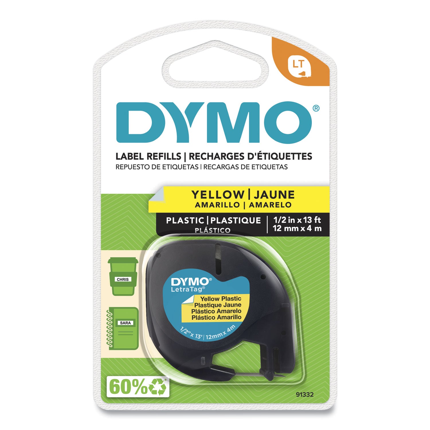 Dymo LetraTag Label Maker Tape Cartridge - 1/2" Width - Direct Thermal - Yellow - Polyester - 1 Each