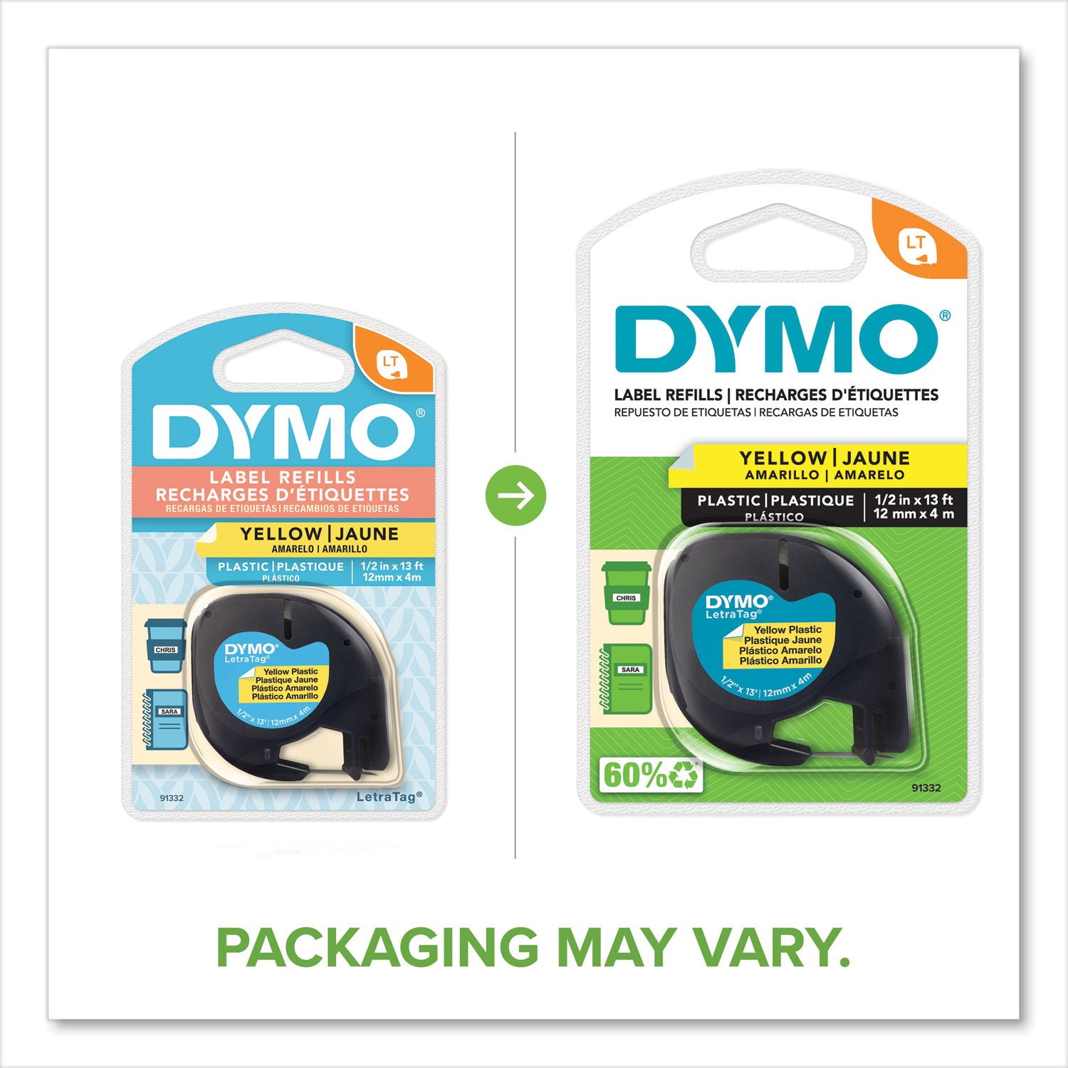 Dymo LetraTag Label Maker Tape Cartridge - 1/2" Width - Direct Thermal - Yellow - Polyester - 1 Each