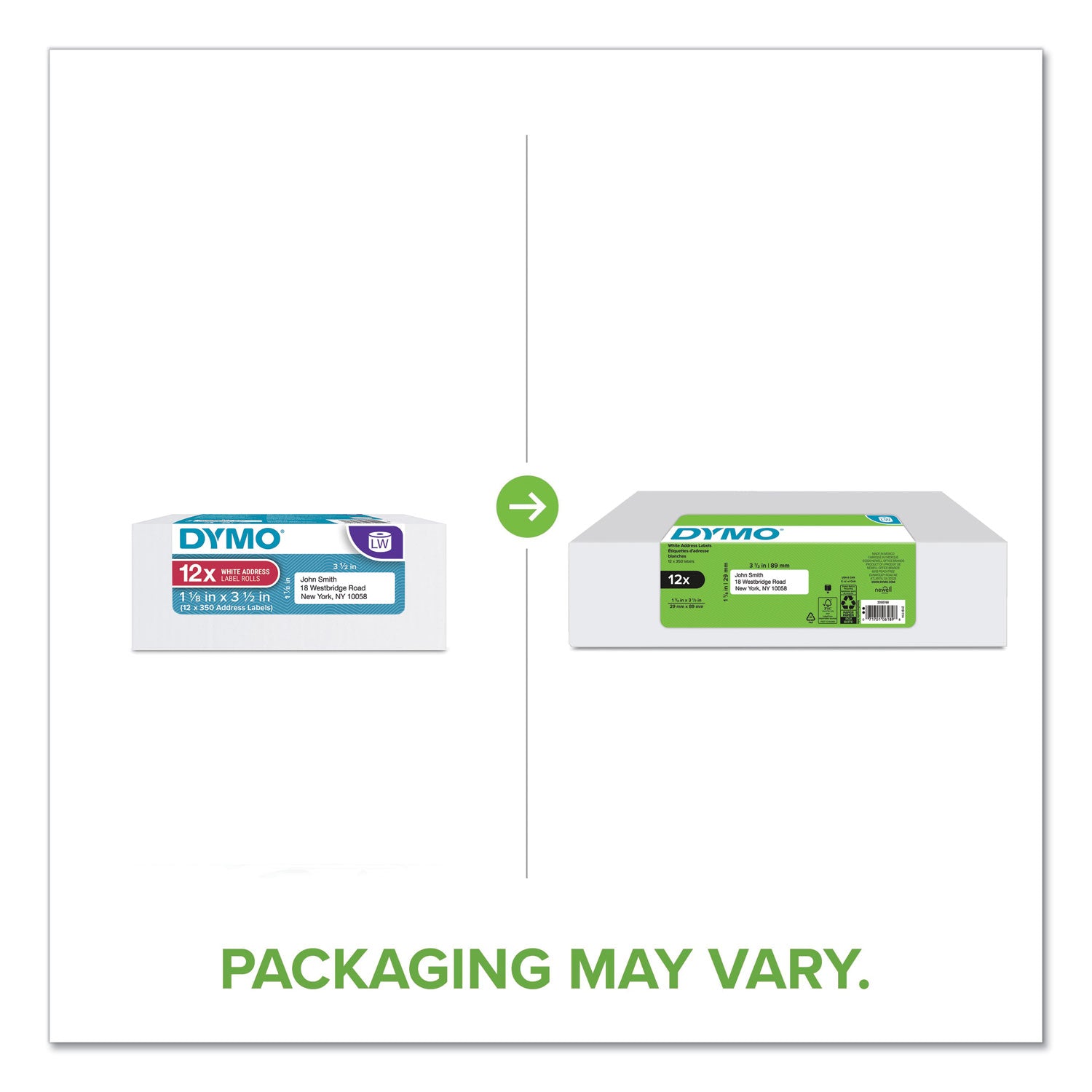 Dymo LabelWriter Labels - 1 1/8" Height x 3 1/2" Width - Rectangle - White - 350 / Roll - 12 / Pack