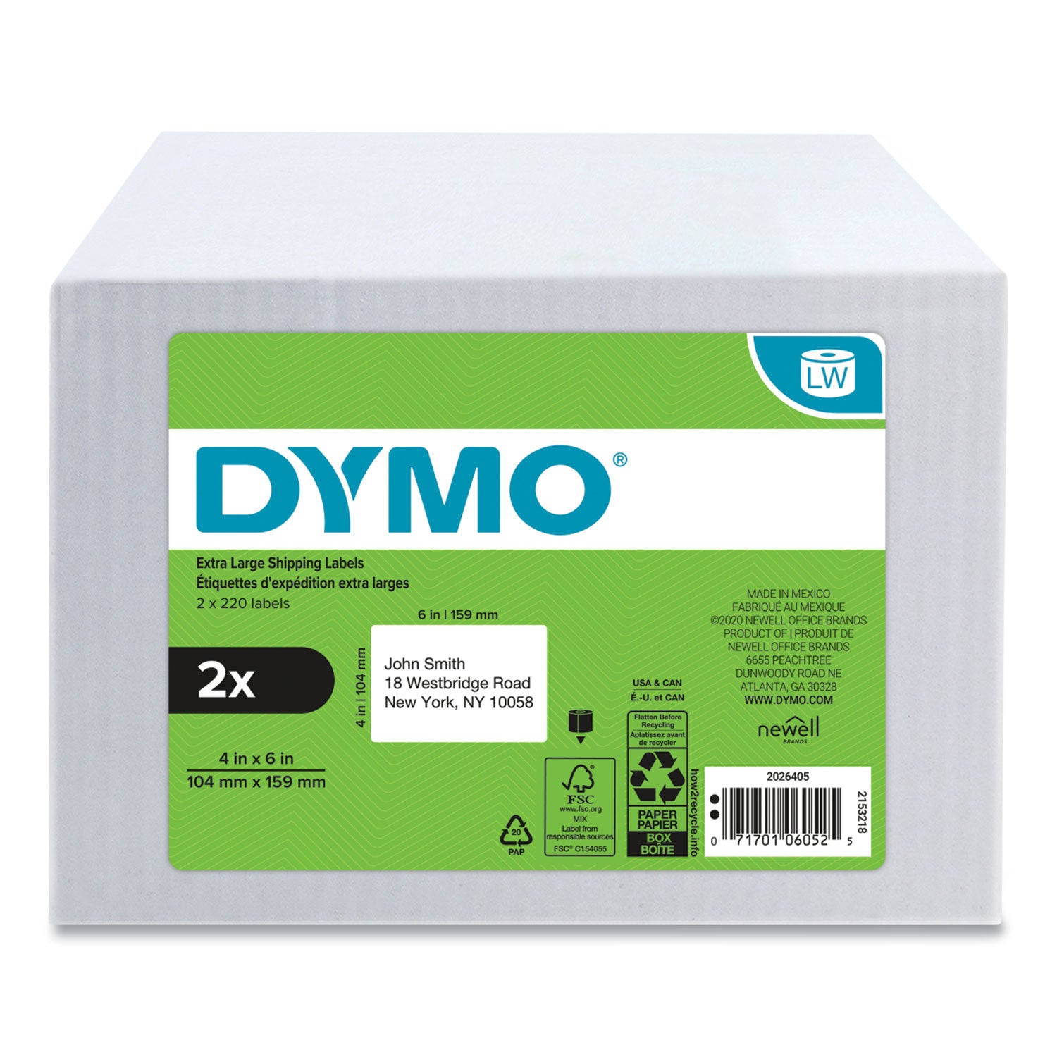 Dymo LabelWriter 4XL Label Printer Label Roll, 6" x 4", Rectangle, Direct Thermal, White Plastic, Water Resistant, 220 Labels per Roll, 1 Pack