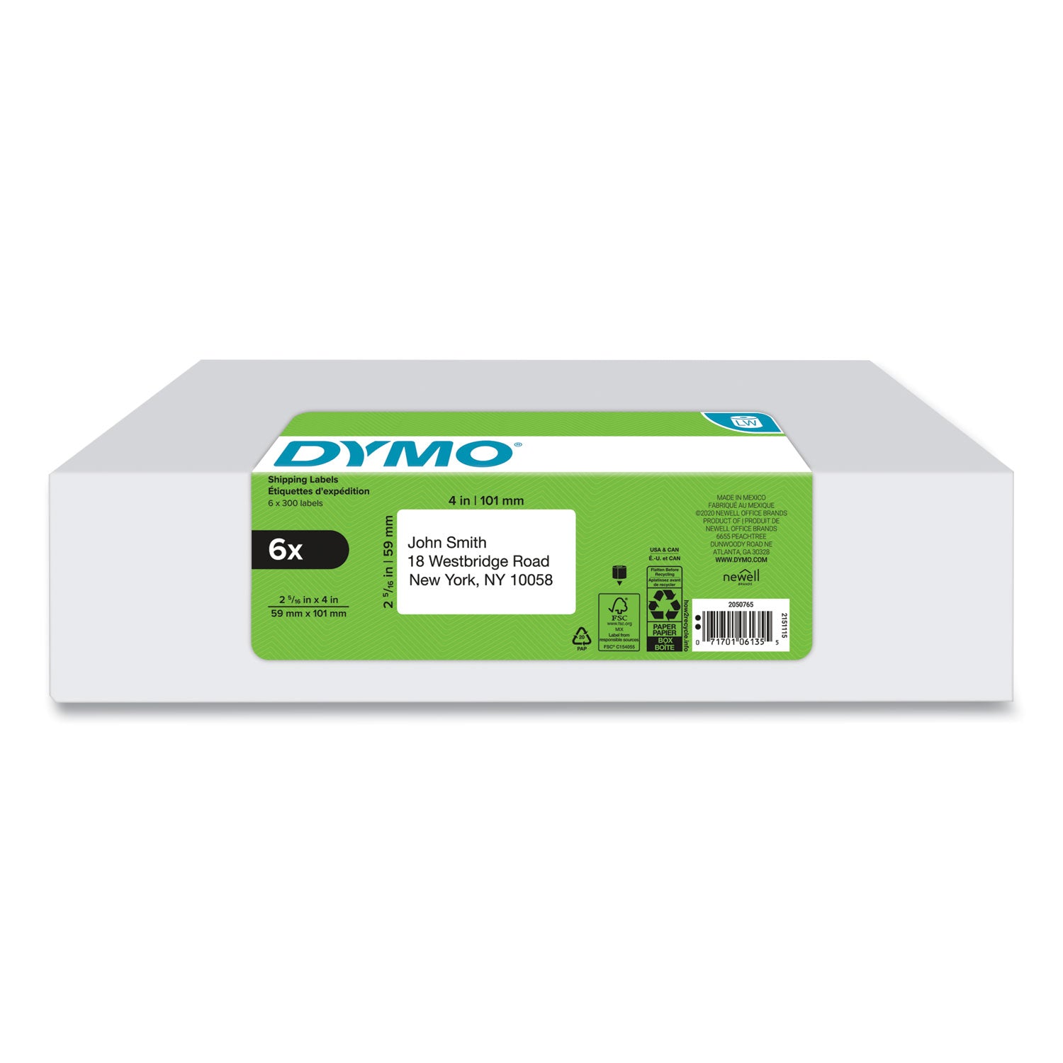 Dymo LabelWriter Labels - 2 1/4" Height x 4" Width - Rectangle - Direct Thermal - White - Durable, Adhesive, Strong - 300 / Roll - 1 Pack