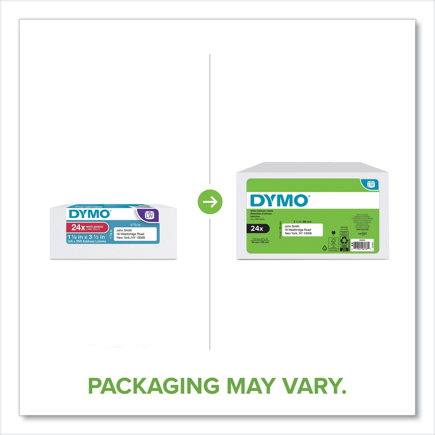 LW Address Labels, 1.13" x 3.5", White, 350 Labels/Roll, 24 Rolls/Box