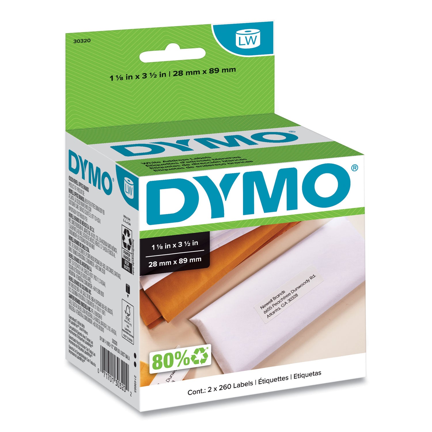 1 1/8" Width x 3 1/2" Length - Permanent Adhesive - Rectangle - Direct Thermal - White - Paper - Self-adhesive - 260 / Roll - 520 / Box