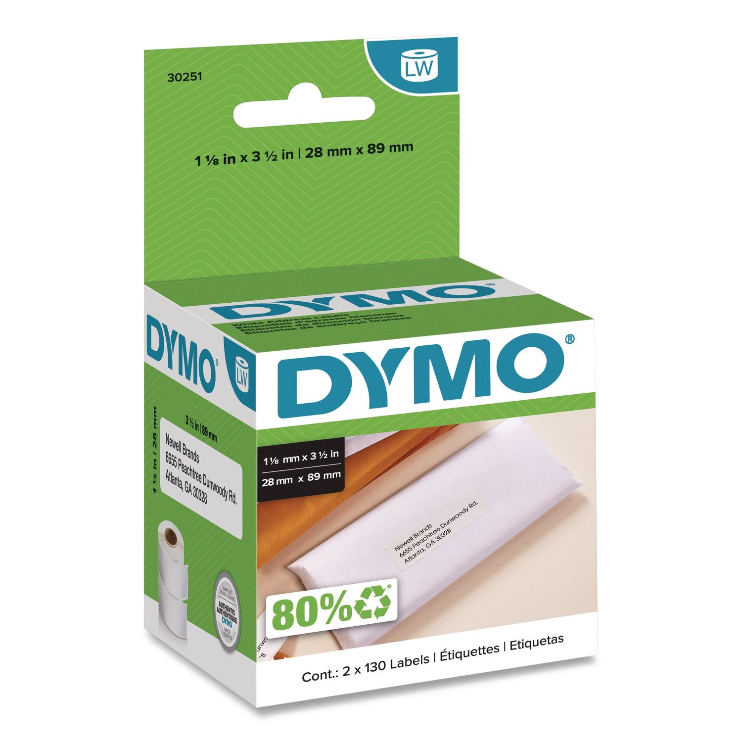 3 1/2" Width x 1 1/8" Length - Permanent Adhesive - Rectangle - Direct Thermal - White - Paper - Self-adhesive - 130 / Roll - 1 Box
