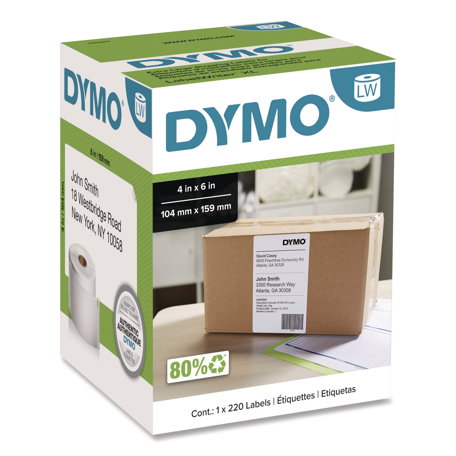 4" Width x 6" Length - Rectangle - Thermal Transfer - White - 220 / Roll - 1 Roll