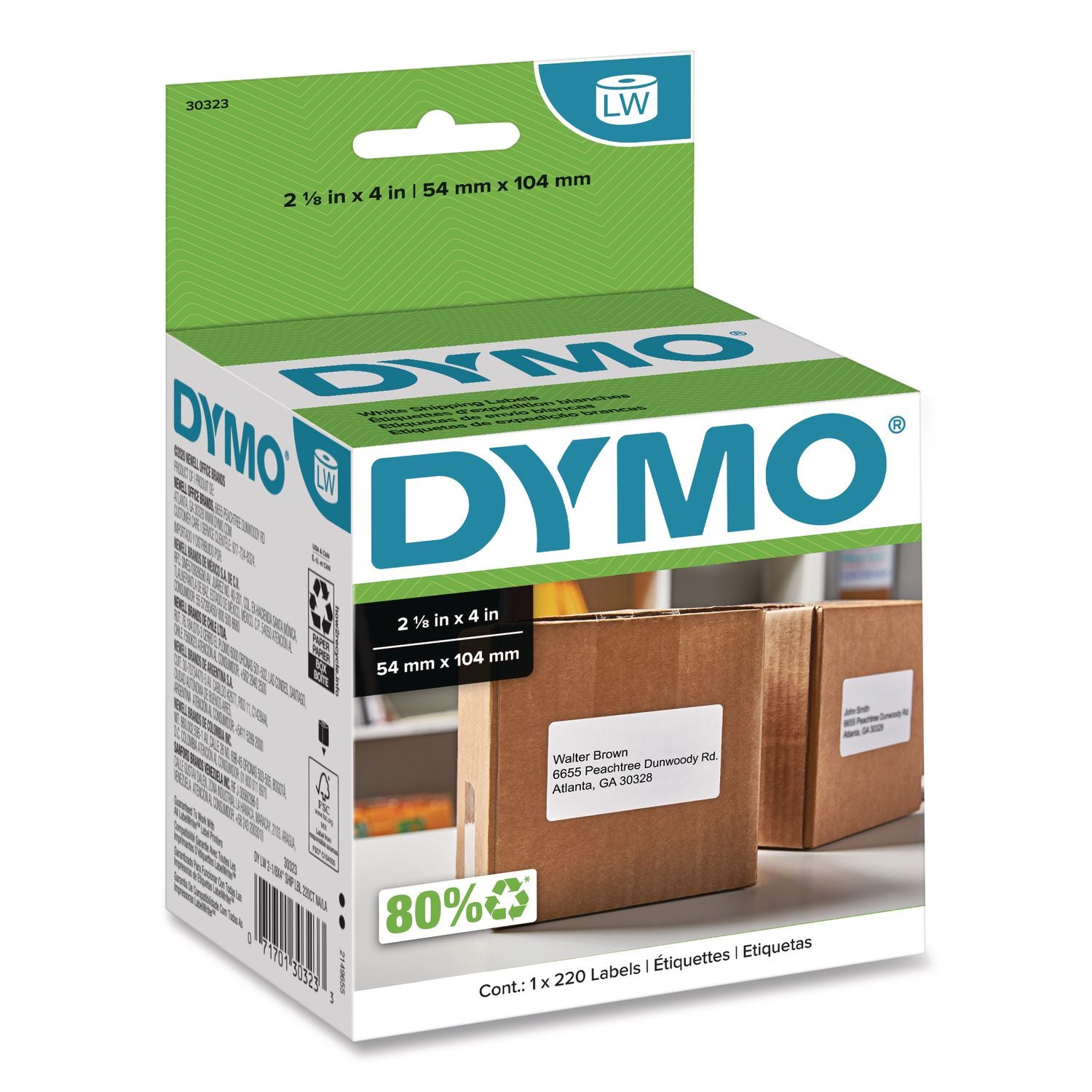 Dymo LW Shipping Labels - 2 1/8" Width x 4" Length - Rectangle - White - 220 / Roll