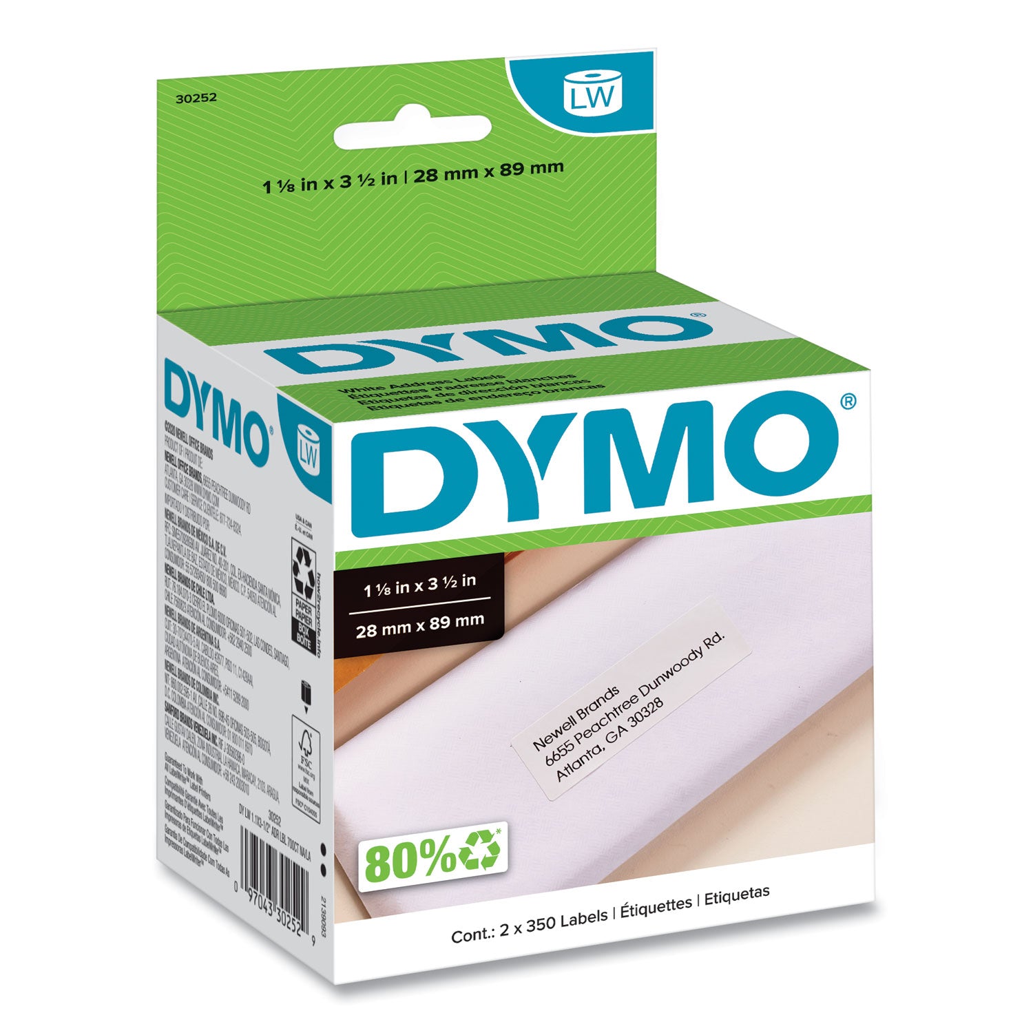 1 1/8" Width x 3 1/2" Length - White - Paper - Self-adhesive - 350 / Roll - 2 / Box
