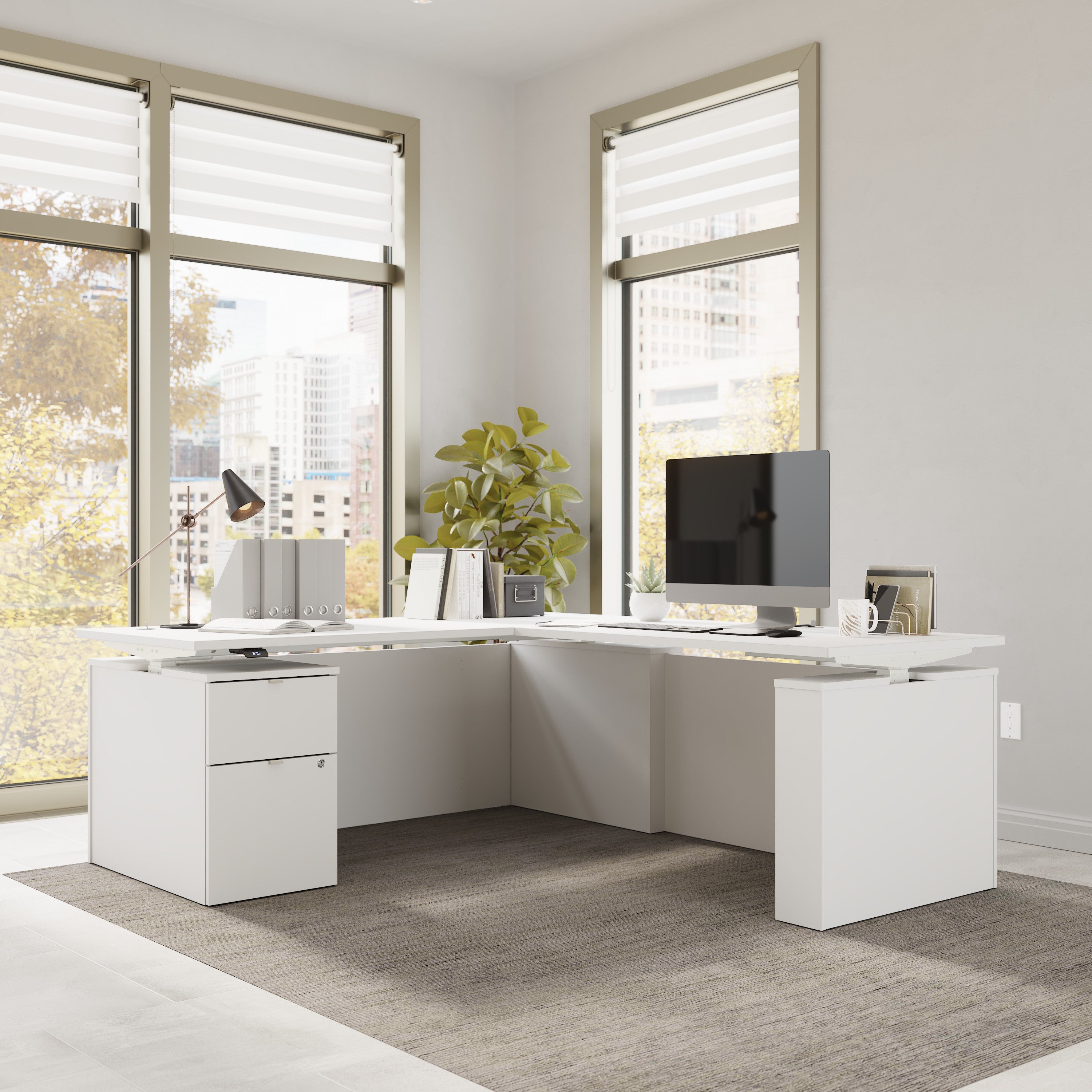 Bush Business Furniture Stratus&nbsp;72W x&nbsp;78D Height Adjustable L Shaped Standing Desk with File Cabinet in White with White Base - 71.02" Width x 76.97" Depth x 27.44" Height