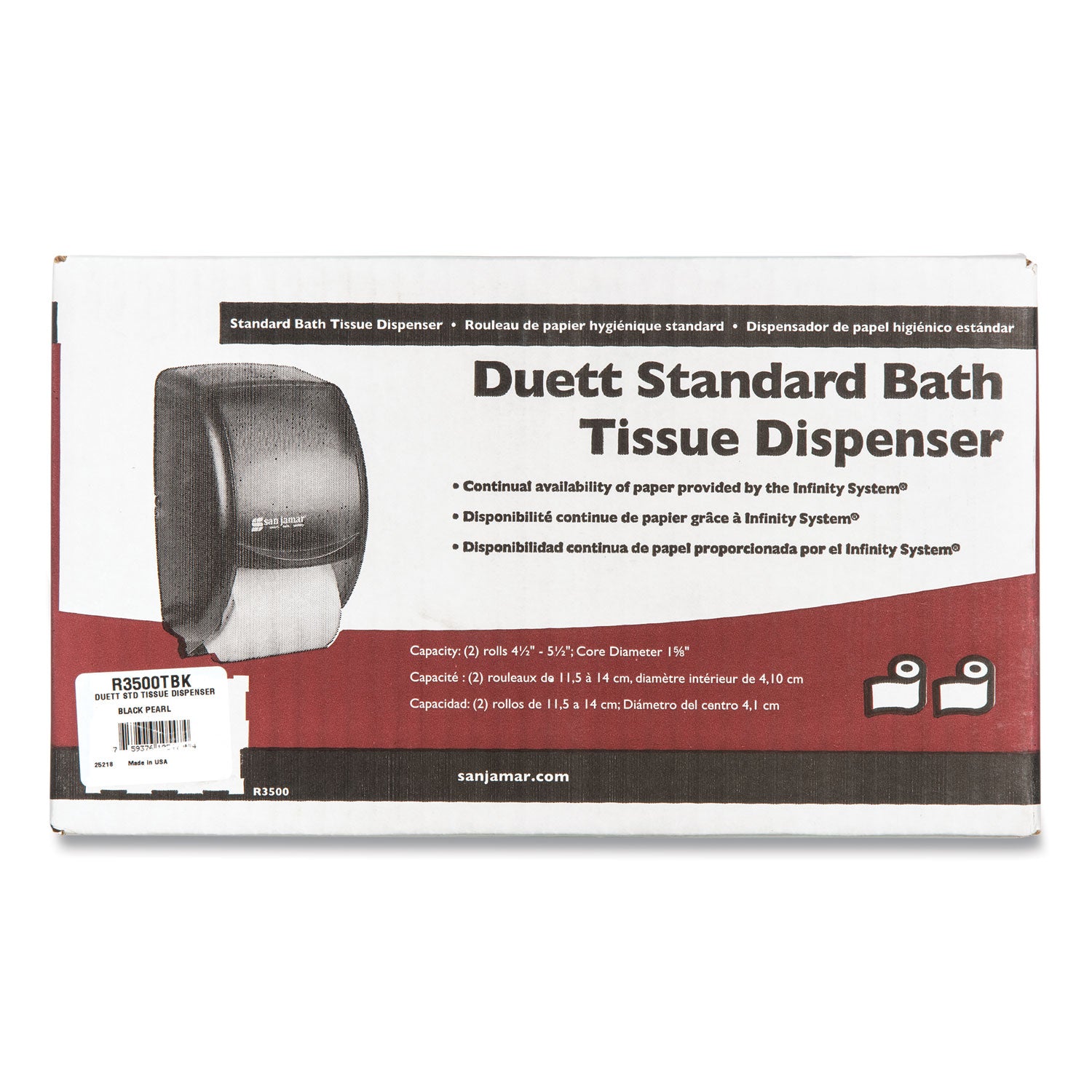 San Jamar Duett Standard Bath Tissue Dispenser - Roll Dispenser - 2 x Roll - 1.62" Roll Diameter - 12.8" Height x 7.5" Width x 7" Depth - Black - 1 Each