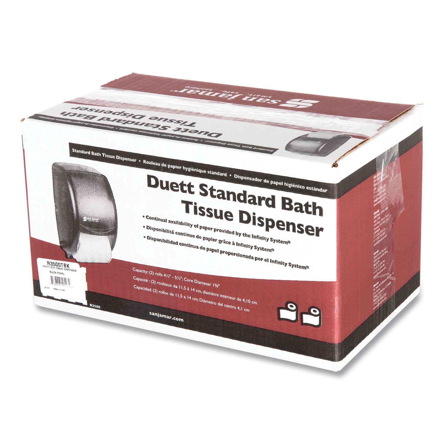 San Jamar Duett Standard Bath Tissue Dispenser - Roll Dispenser - 2 x Roll - 1.62" Roll Diameter - 12.8" Height x 7.5" Width x 7" Depth - Black - 1 Each
