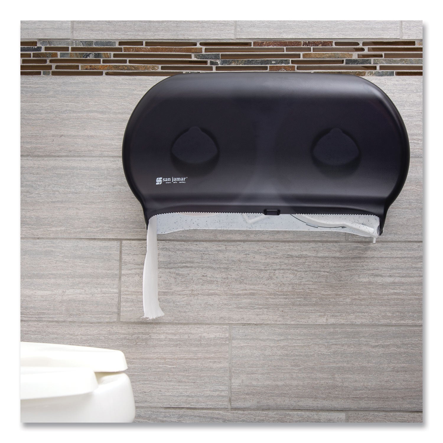 Roll Dispenser - 2 x Roll - 9" Roll Diameter - 12" Height x 19" Width x 5.3" Depth - Plastic - Pearl Black - Impact Resistant, Break Resistant, Compact, Lockable, Wall Mountable - 1 Each