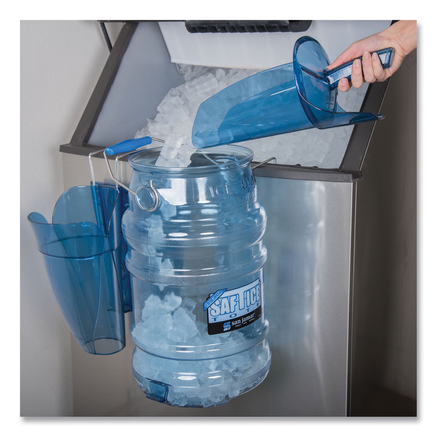Saf-T-Scoop and Guardian System for Ice Machines, 64 oz to 86 oz Ice Scoop, Transparent Blue