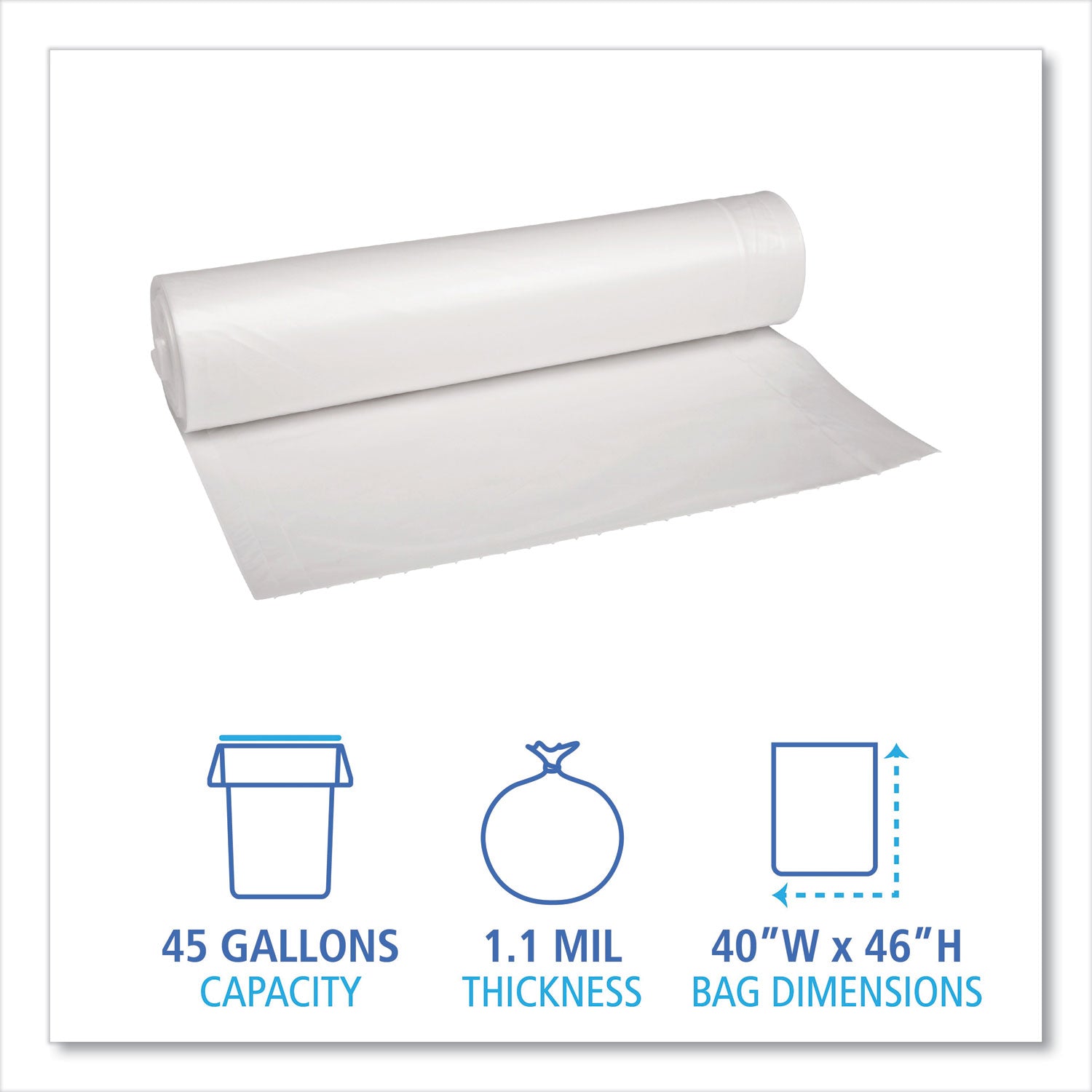 Recycled Low-Density Polyethylene Can Liners, 45 gal, 1.1 mil, 40" x 46", Clear, Perforated, 10 Bags/Roll, 10 Rolls/Carton
