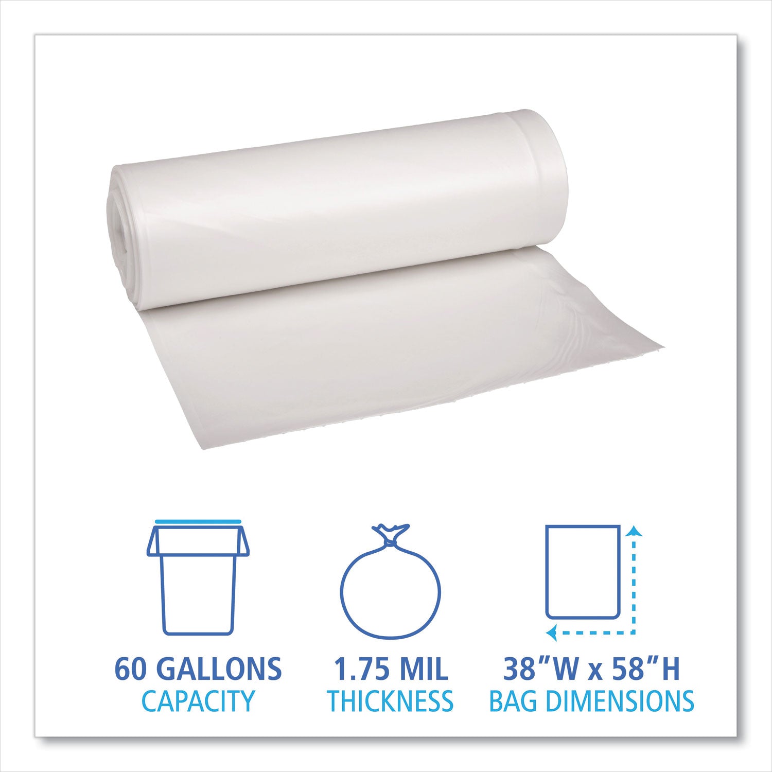Recycled Low-Density Polyethylene Can Liners, 60 gal, 1.75 mil, 38" x 58", Clear, Perforated, 10 Bags/Roll, 10 Rolls/Carton