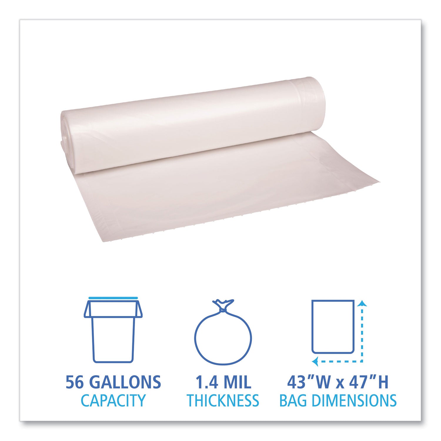 Recycled Low-Density Polyethylene Can Liners, 56 gal, 1.4 mil, 43" x 47", Clear, Perforated, 10 Bags/Roll, 10 Rolls/Carton