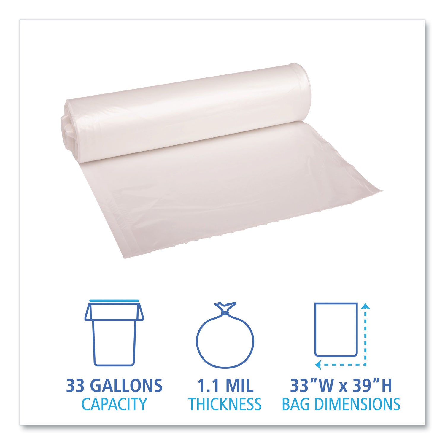 Recycled Low-Density Polyethylene Can Liners, 33 gal, 1.1 mil, 33" x 39", Clear, Perforated, 10 Bags/Roll, 10 Rolls/Carton