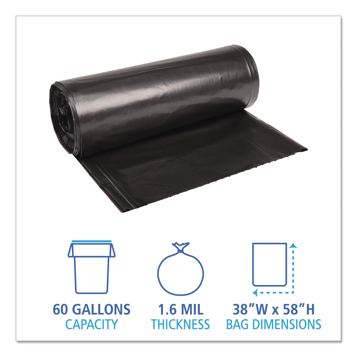 Recycled Low-Density Polyethylene Can Liners, 60 gal, 1.6 mil, 38" x 58", Black, Perforated, 10 Bags/Roll, 10 Rolls/Carton