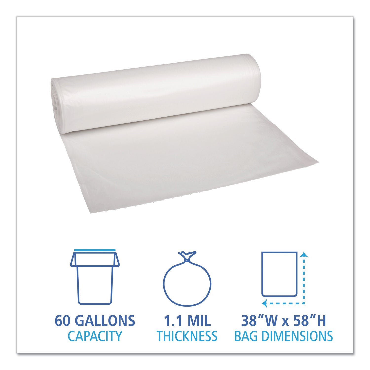 Recycled Low-Density Polyethylene Can Liners, 60 gal, 1.1 mil, 38" x 58", Clear, Perforated, 10 Bags/Roll, 10 Rolls/Carton