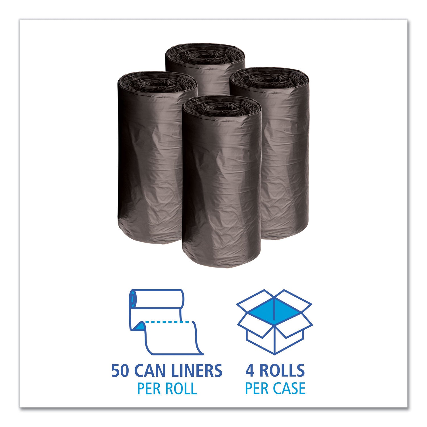 Low-Density Waste Can Liners, 10 gal, 0.35 mil, 24" x 23", Black, Perforated Roll, 50 Bags/Roll, 10 Rolls/Carton