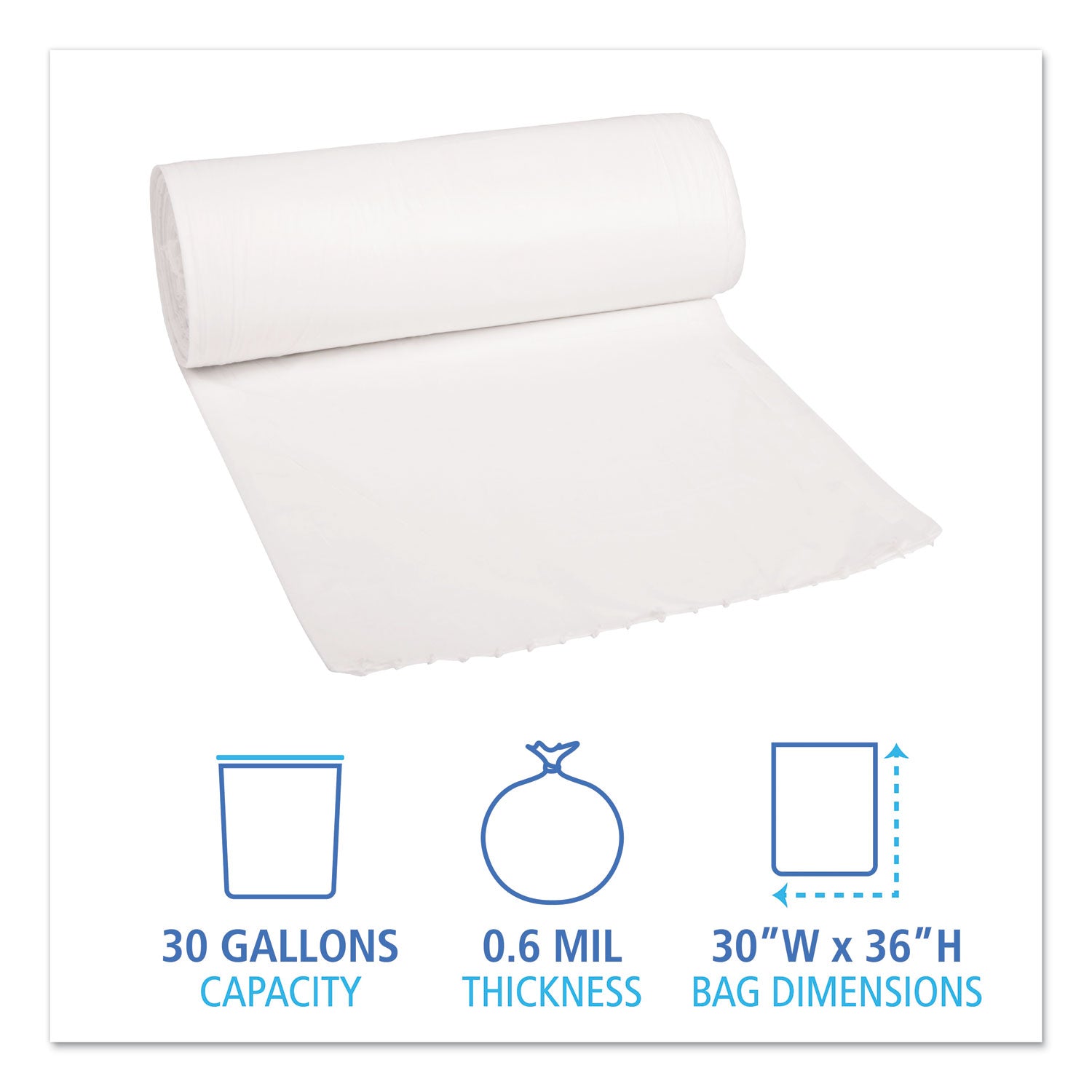 Low-Density Waste Can Liners, 30 gal, 0.6 mil, 30" x 36", White, Perforated Roll, 25 Bags/Roll, 8 Rolls/Carton