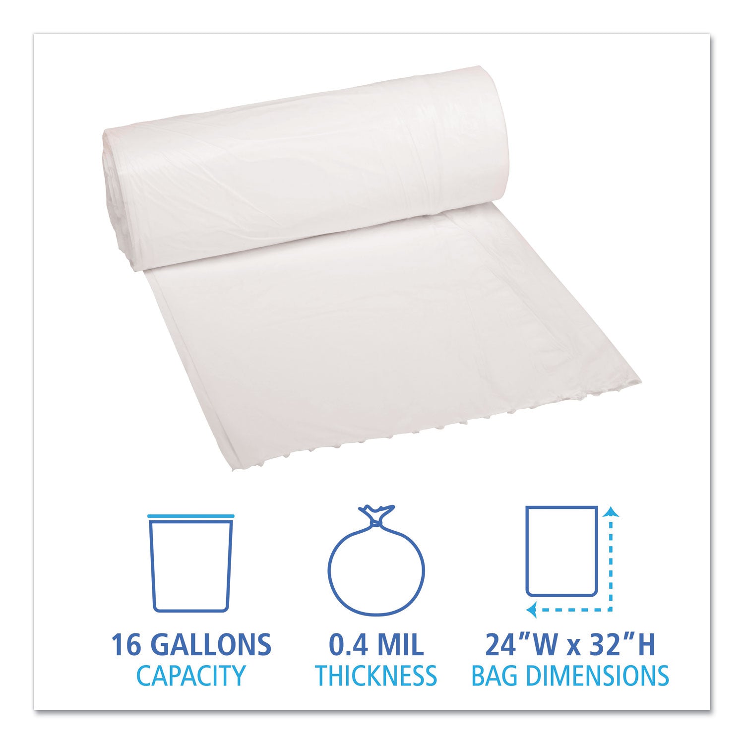 Low-Density Waste Can Liners, 16 gal, 0.4 mil, 24" x 32", White, Perforated Roll, 25 Bags/Roll, 20 Rolls/Carton