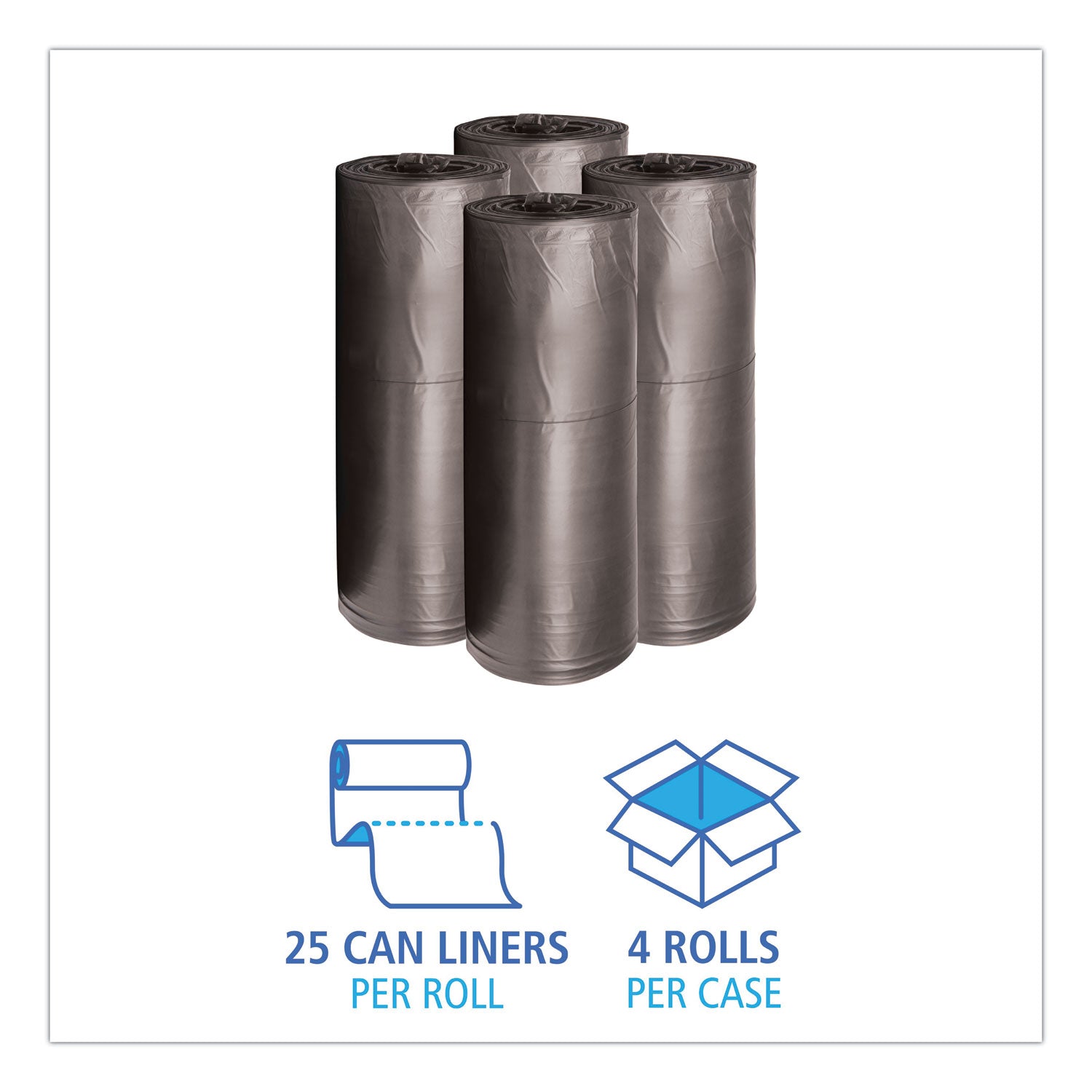 Low-Density Waste Can Liners, 60 gal, 0.65 mil, 38" x 58", Black, Perforated Roll, 25 Bags/Roll, 4 Rolls/Carton
