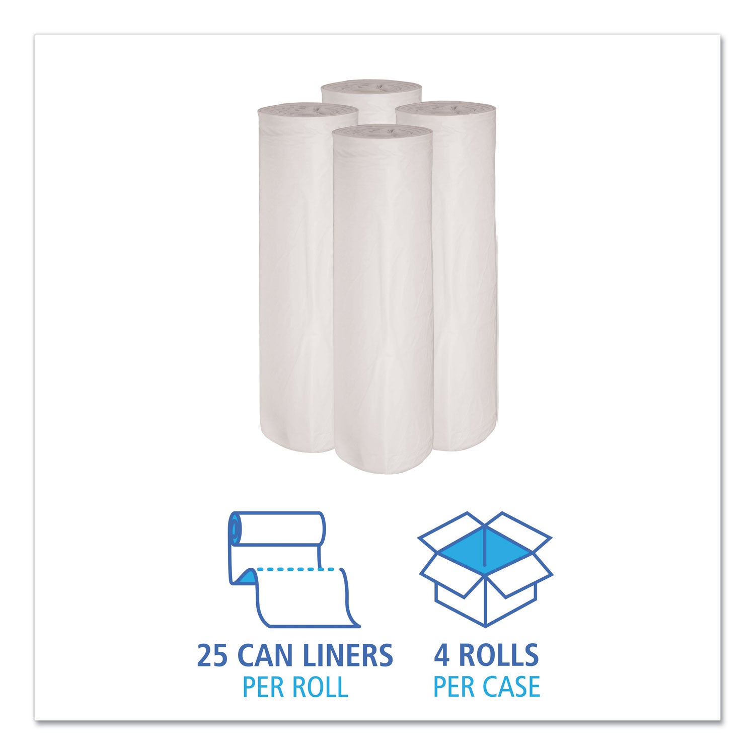 Low-Density Waste Can Liners, 45 gal, 0.6 mil, 40" x 46", White, Perforated Roll, 25 Bags/Roll, 4 Rolls/Carton
