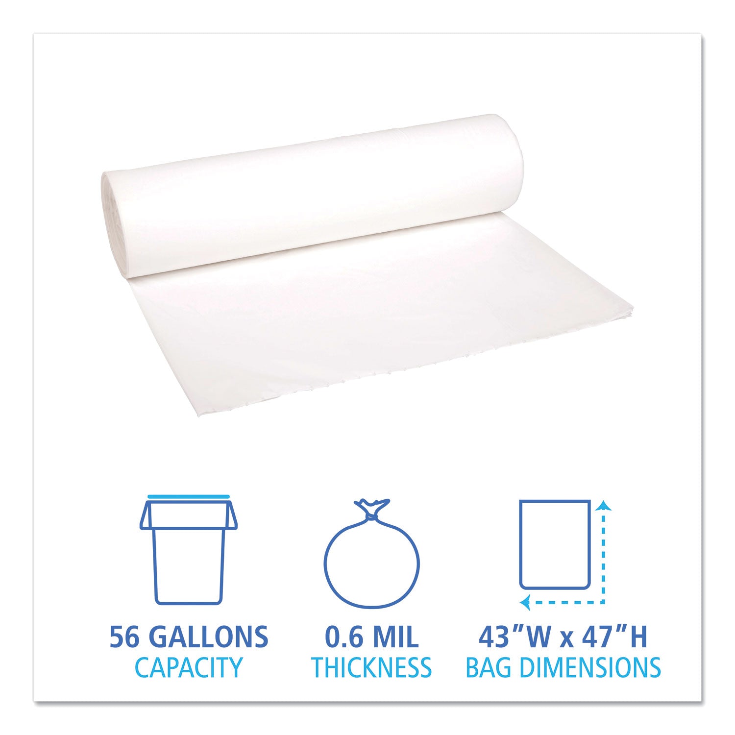 Low-Density Waste Can Liners, 56 gal, 0.6 mil, 43" x 47", White, Perforated Roll, 25 Bags/Roll, 4 Rolls/Carton