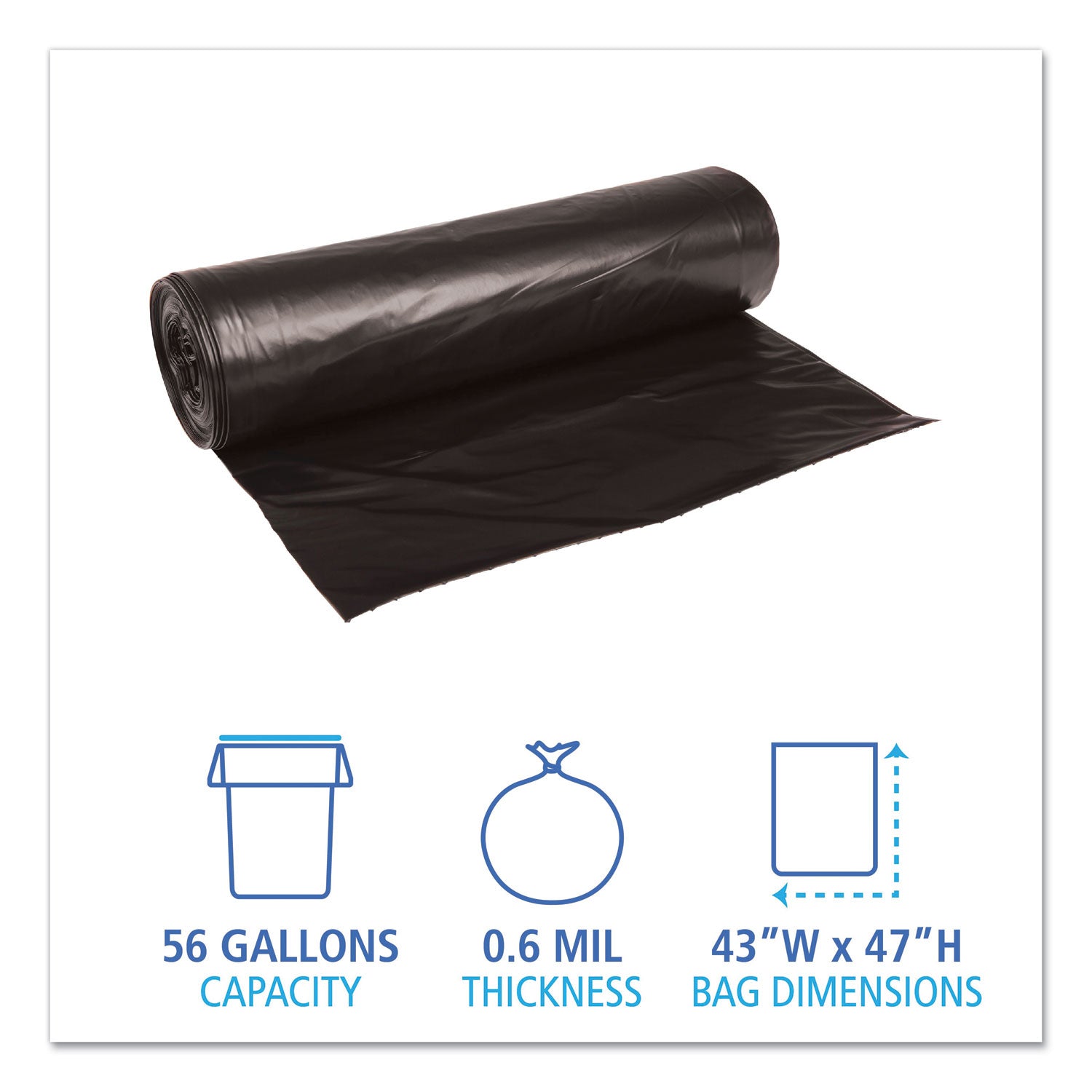 Low-Density Waste Can Liners, 56 gal, 0.6 mil, 43" x 47", Black, Perforated Roll, 25 Bags/Roll, 4 Rolls/Carton