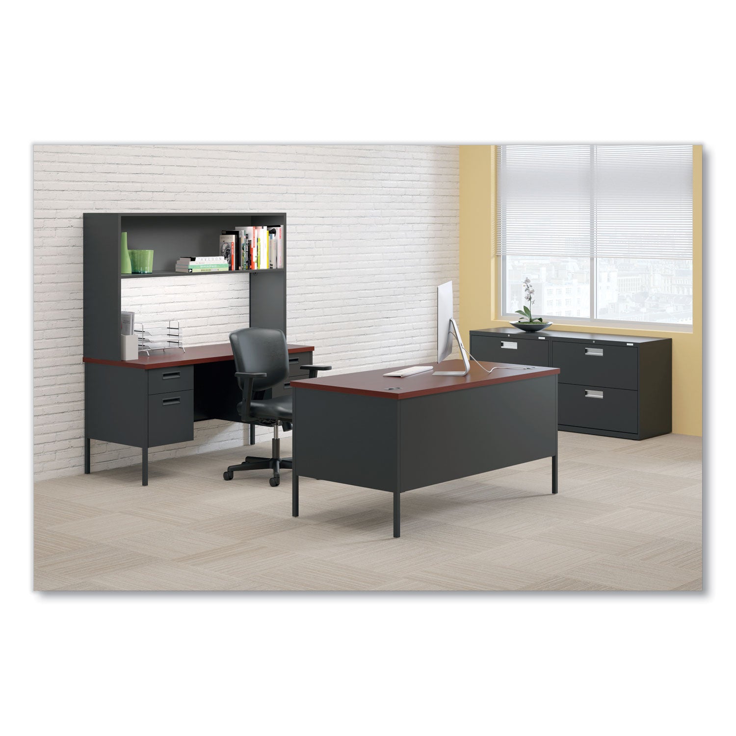 HON Metro Classic HP3262 Pedestal Desk - 29.5" Height x 60" Width x 30" Depth - Total Drawer(s): 5 - Double Pedestal - Square Edge - Finish: Charcoal - 1 Each