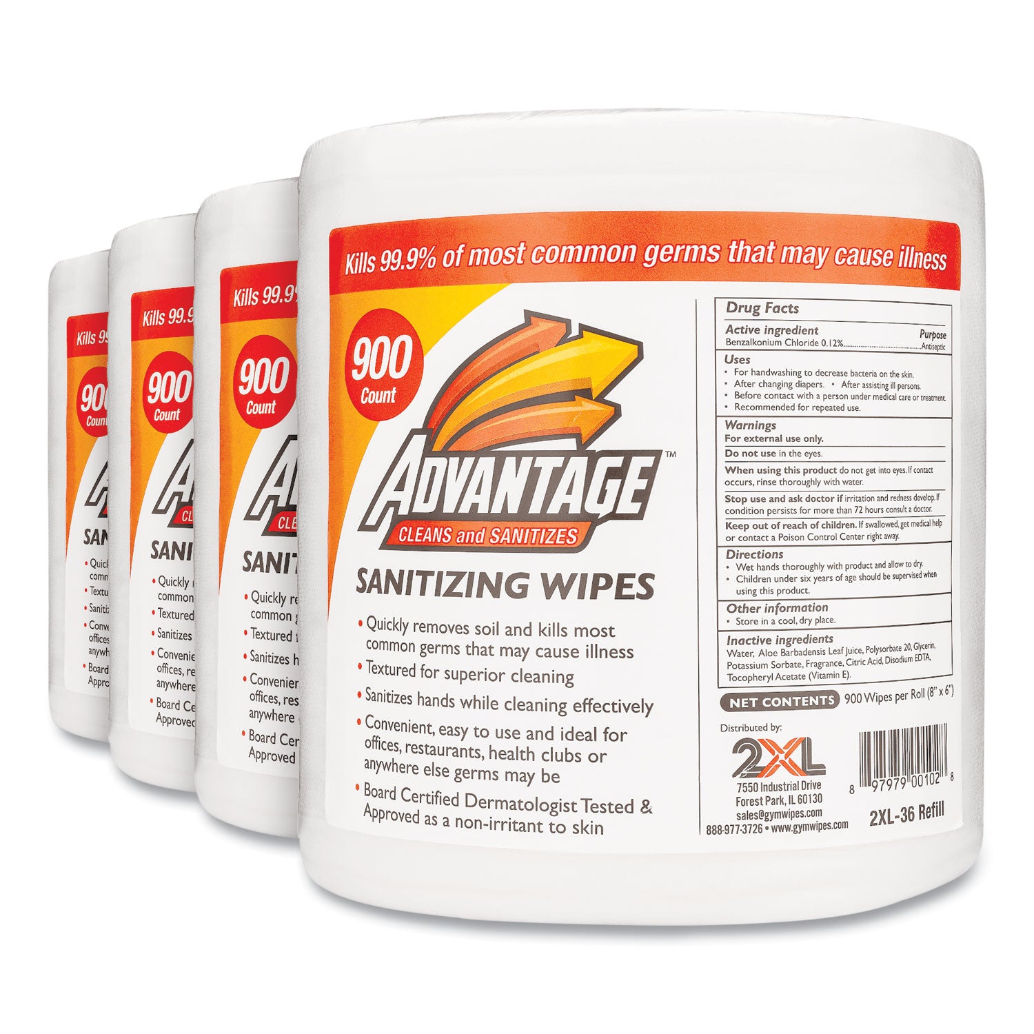 Gym Wipes Advantage, 1-Ply, 6 x 8, Unscented, White, 900/Roll, 4 Rolls/Carton