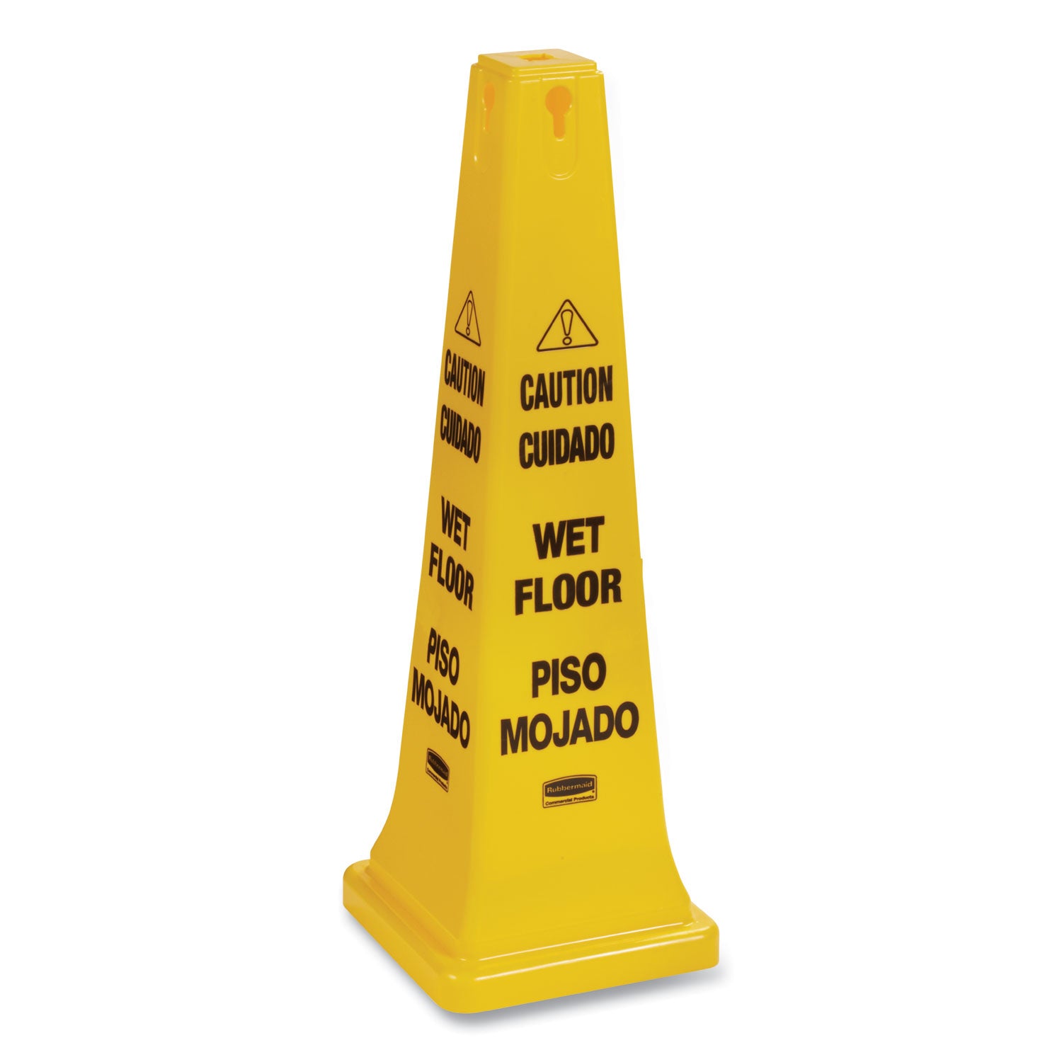 Rubbermaid Commercial 36" Safety Cone - Spanish, English - Print/Message "Caution" , "Wet Floor" - 12.2" Width x 36" Height x 12.2" Depth - Cone Shape - Stackable, Sturdy - Plastic - Bright Yellow - 1 Each