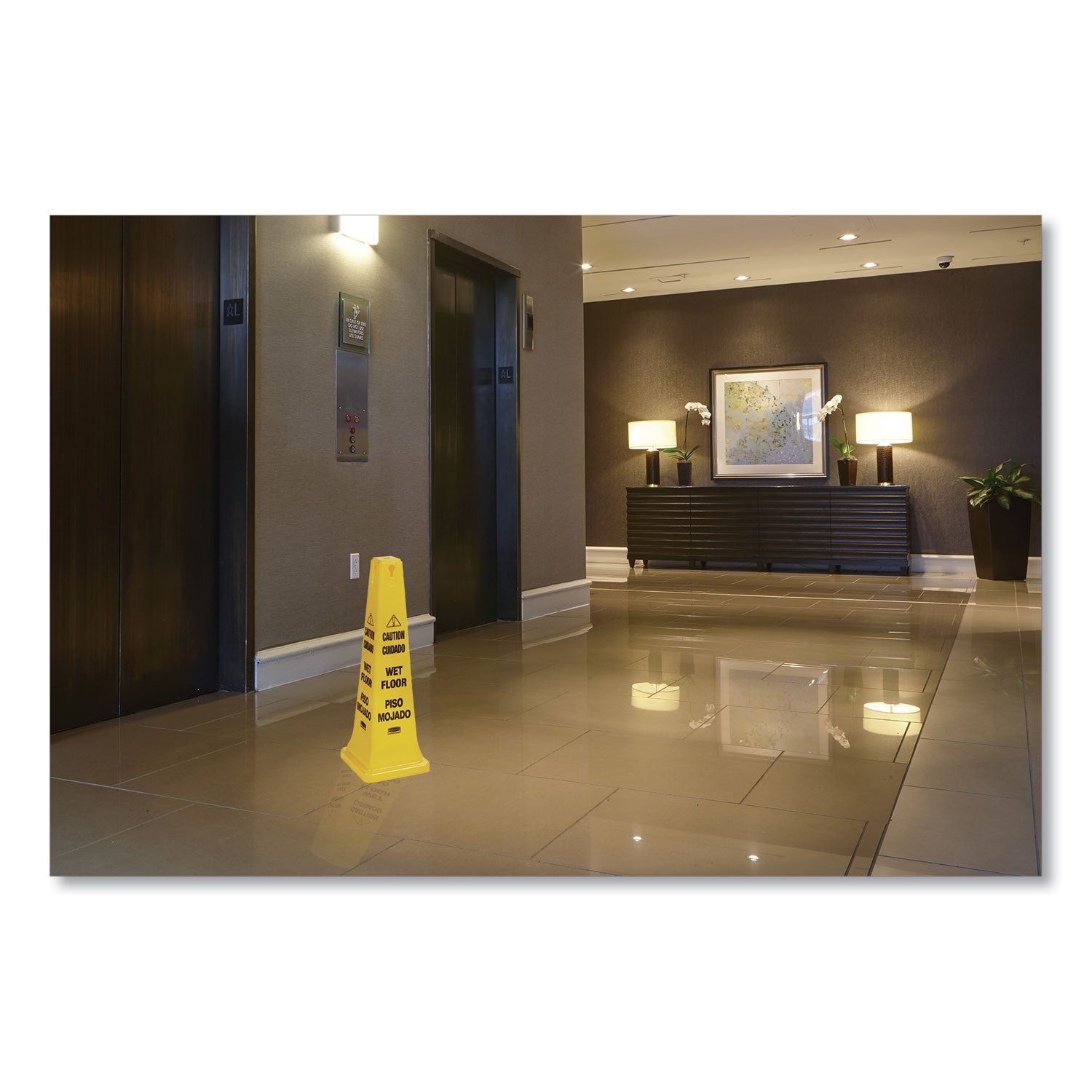 Rubbermaid Commercial 36" Safety Cone - Spanish, English - Print/Message "Caution" , "Wet Floor" - 12.2" Width x 36" Height x 12.2" Depth - Cone Shape - Stackable, Sturdy - Plastic - Bright Yellow - 1 Each