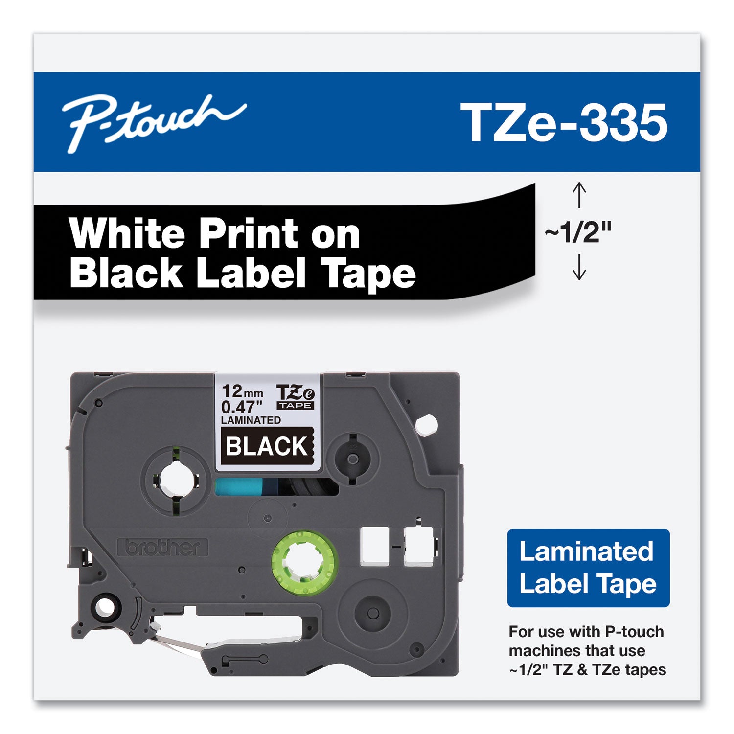 Tze Standard Adhesive Laminated Labeling Tape, 0.47" X 26.2 Ft, White On Black