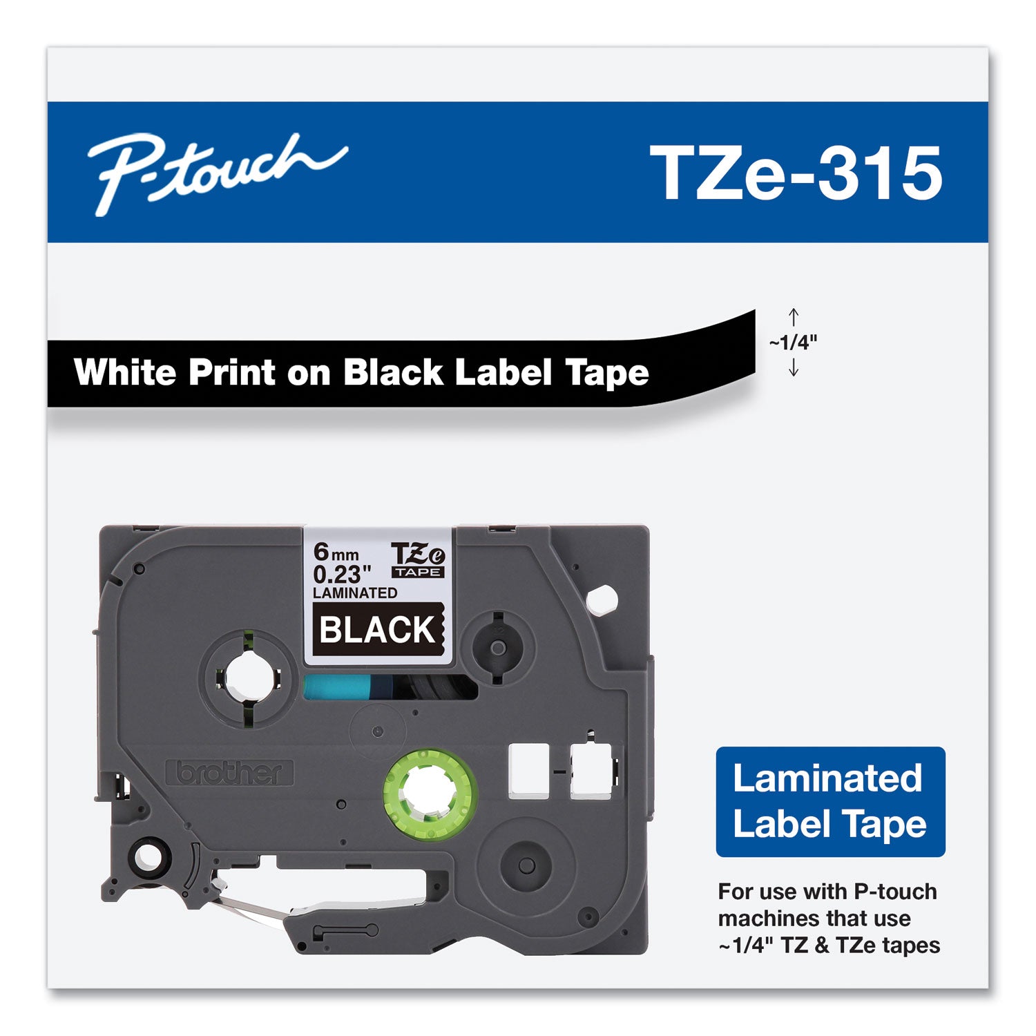 Tze Standard Adhesive Laminated Labeling Tape, 0.23" X 26.2 Ft, White On Black