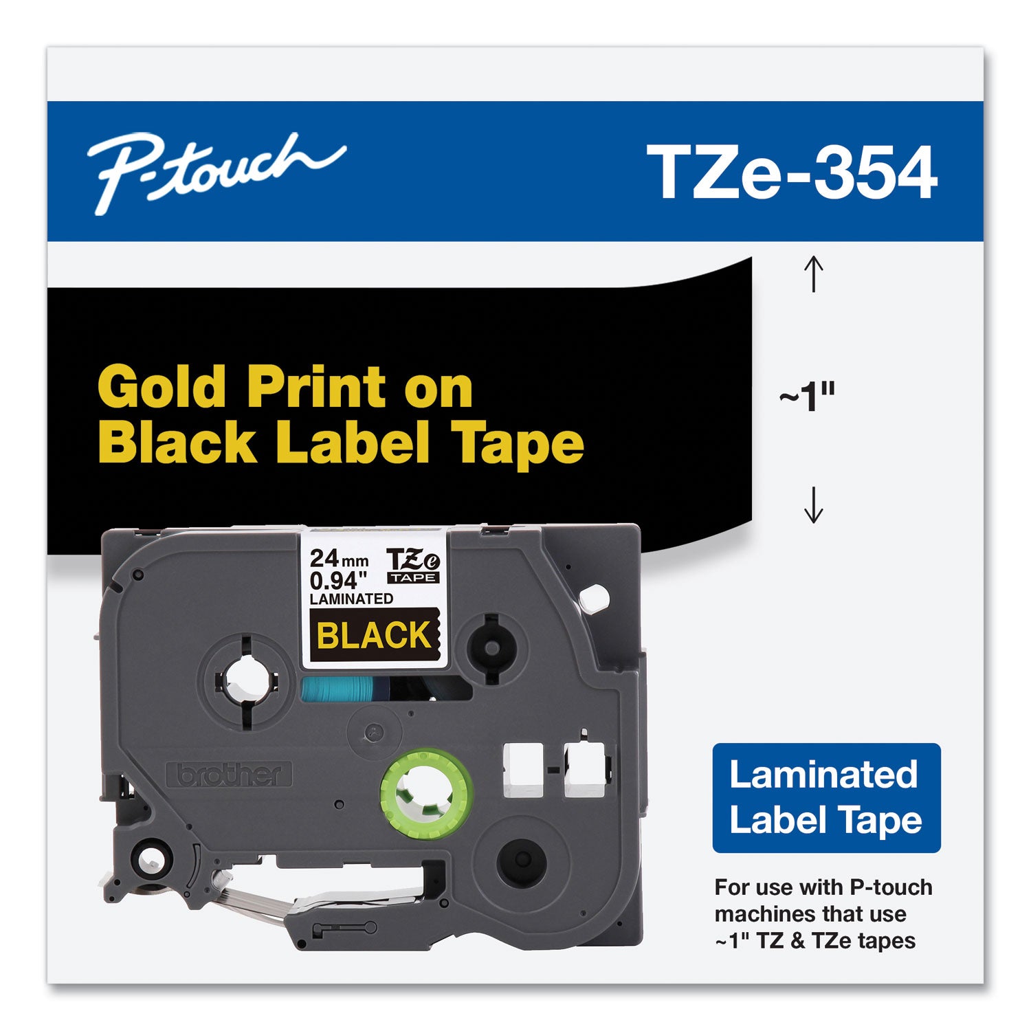 Tze Standard Adhesive Laminated Labeling Tape, 0.94" X 26.2 Ft, Gold On Black
