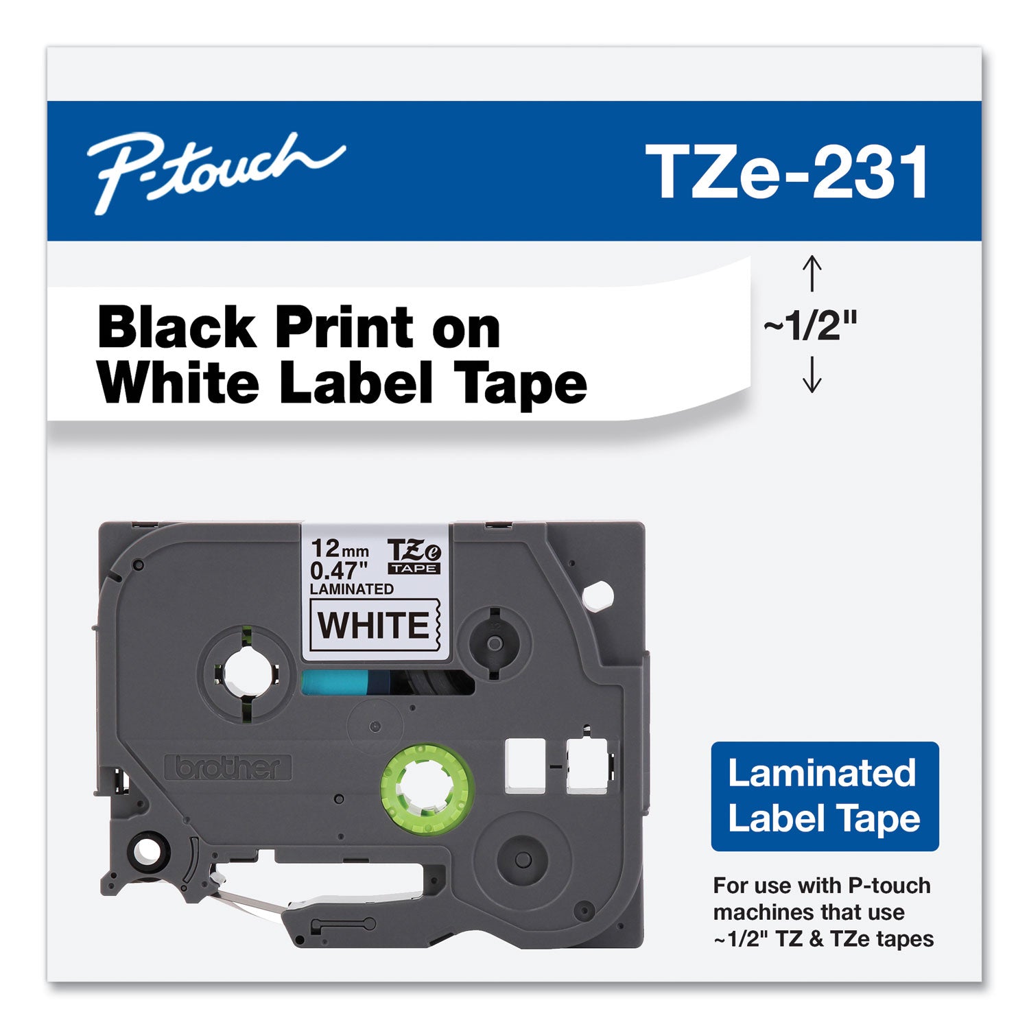 Tze Standard Adhesive Laminated Labeling Tape, 0.47" X 26.2 Ft, Black On White