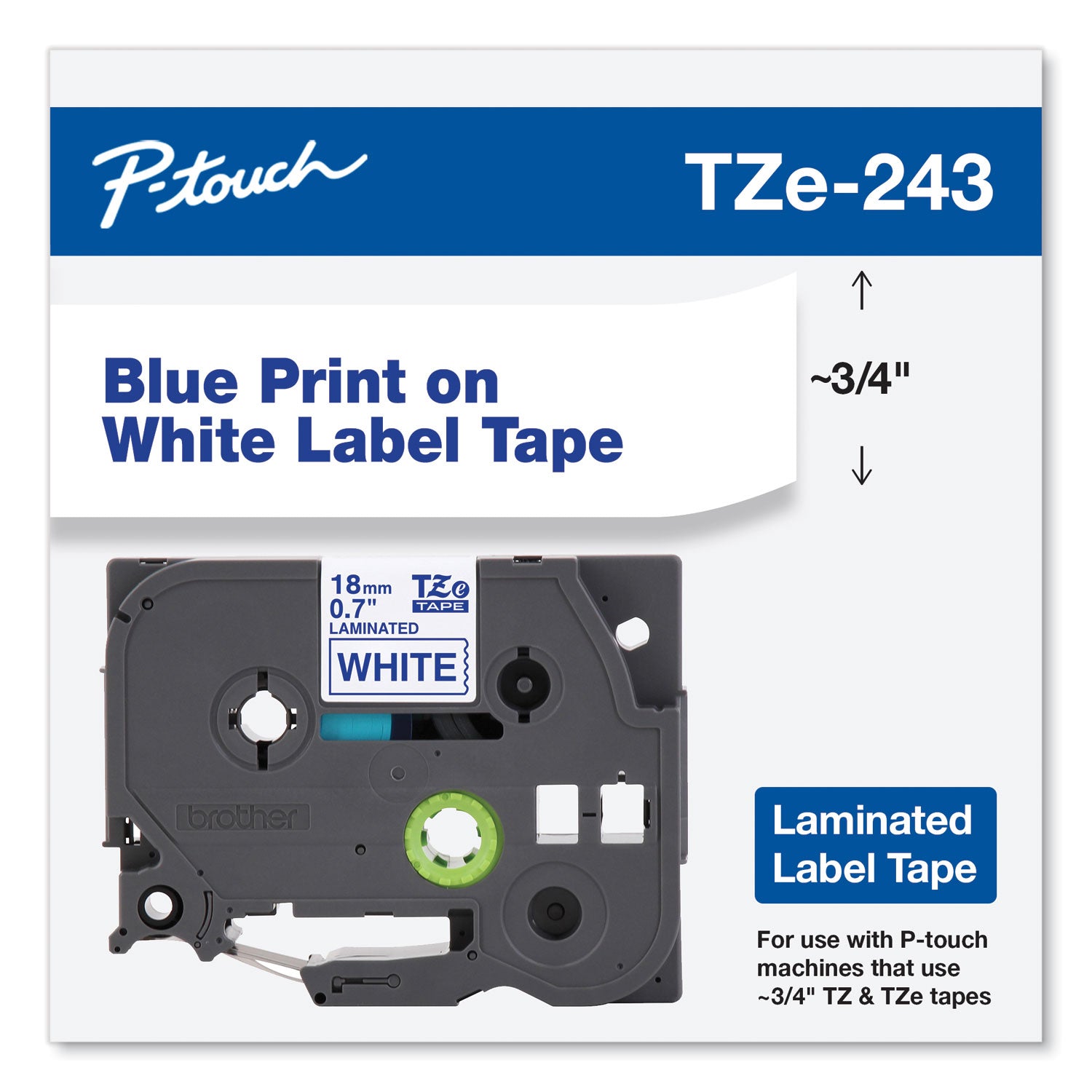 Tze Standard Adhesive Laminated Labeling Tape, 0.7" X 26.2 Ft, Blue On White