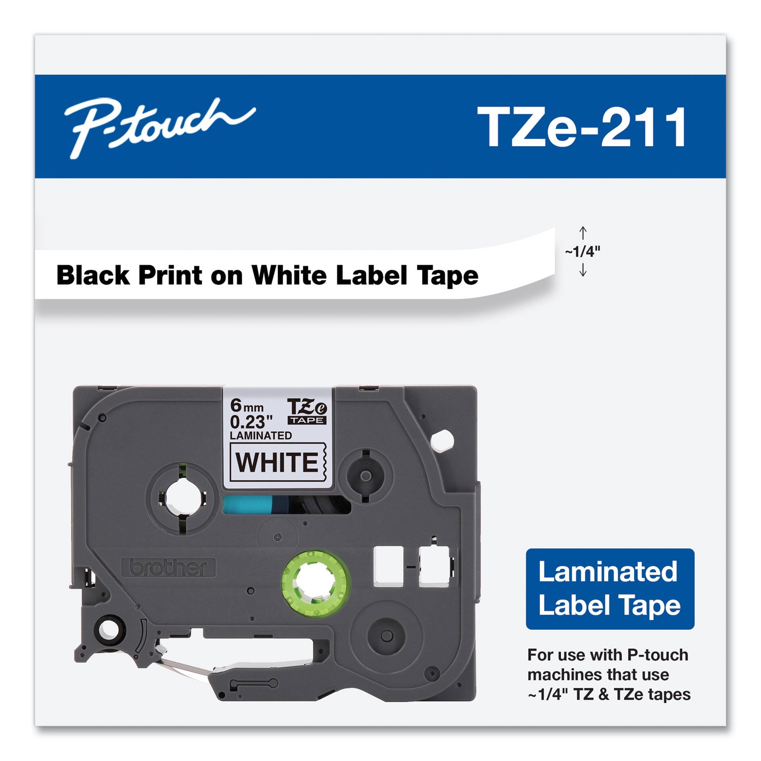 Tze Standard Adhesive Laminated Labeling Tape, 0.23" X 26.2 Ft, Black On White
